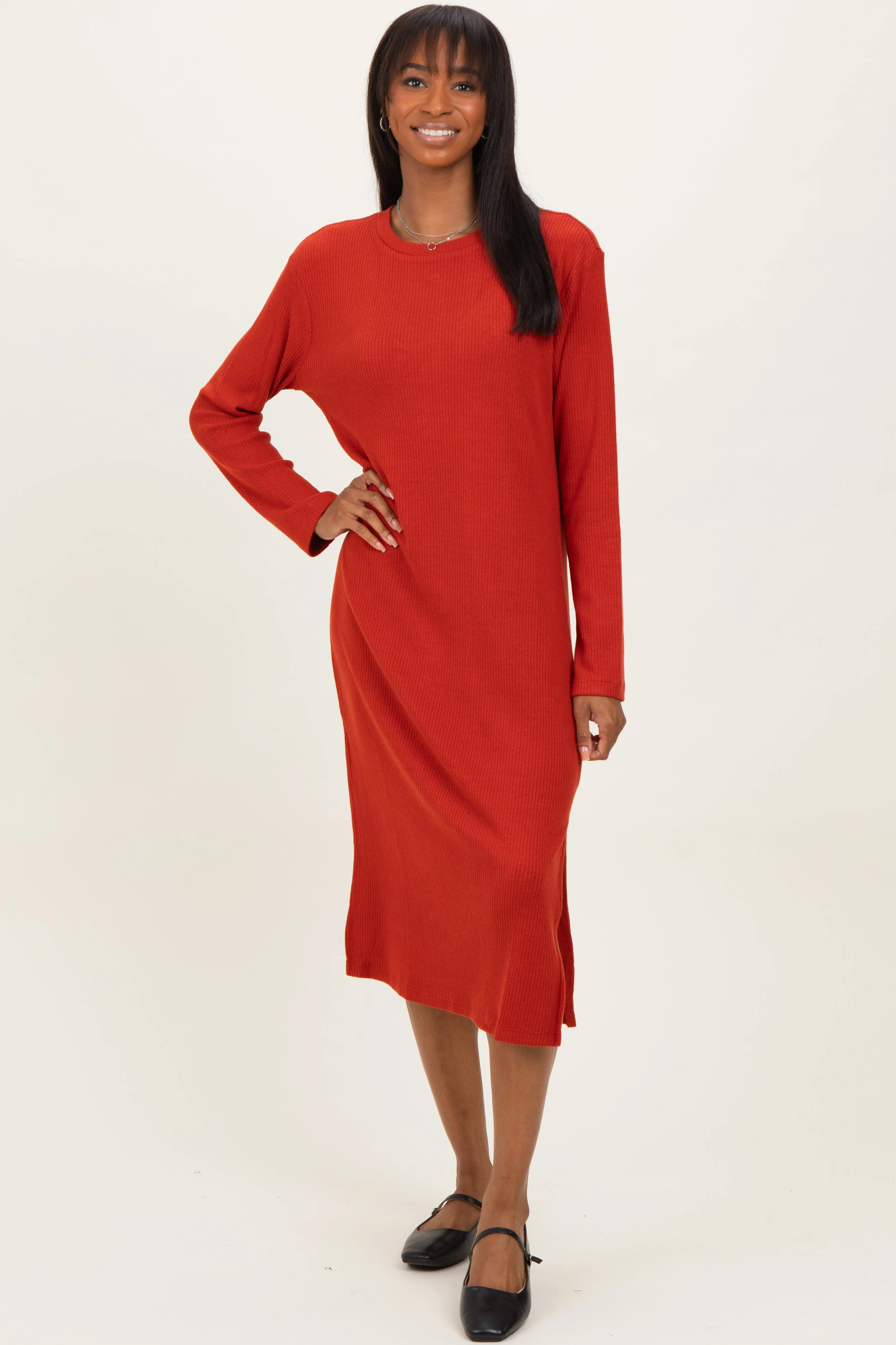 Coral Ribbed Knit Long Sleeve Side Slit Midi Dress sold by Pinkblush product image thumbnail 2