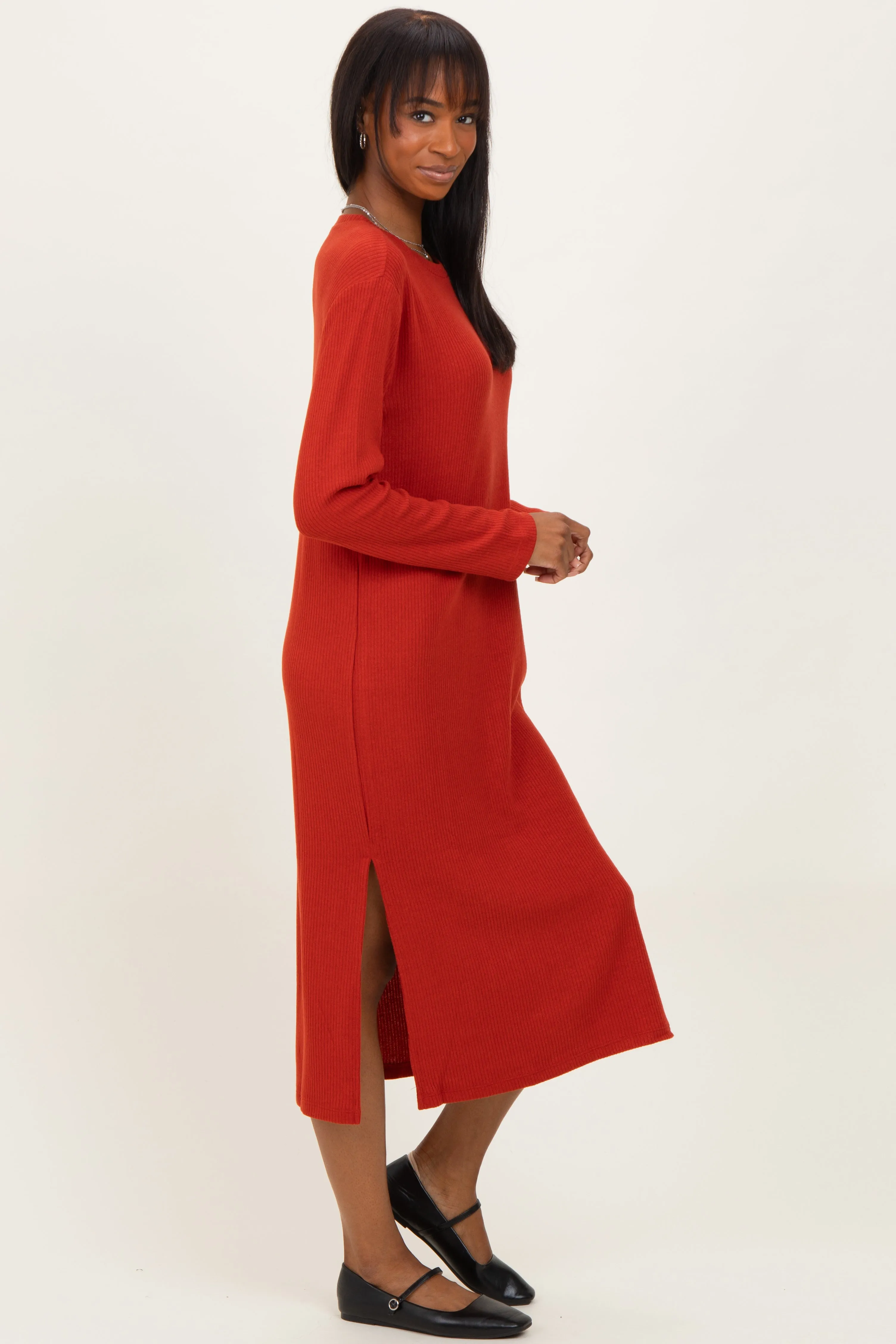 Coral Ribbed Knit Long Sleeve Side Slit Midi Dress sold by Pinkblush product image thumbnail 3