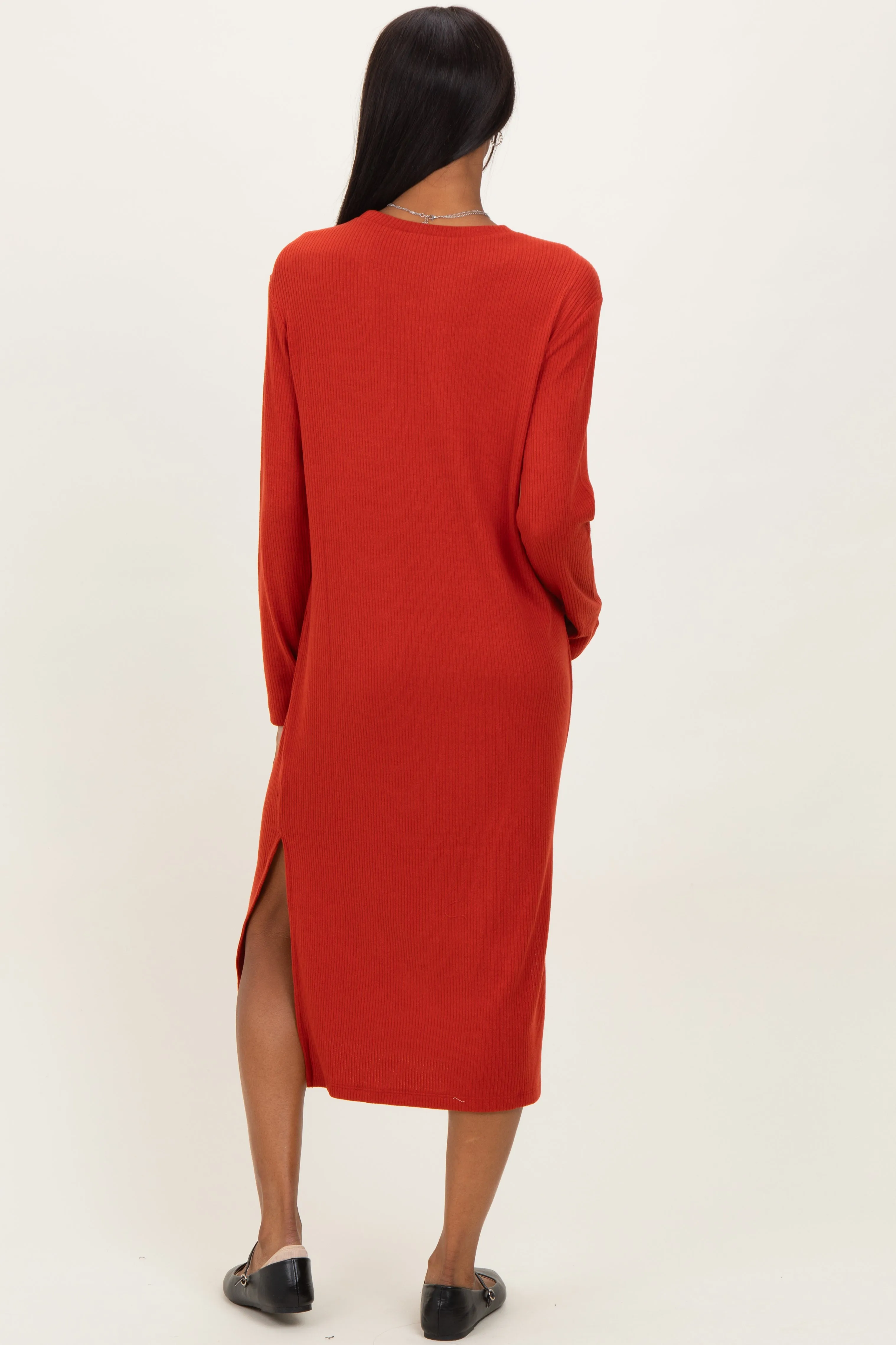 Coral Ribbed Knit Long Sleeve Side Slit Midi Dress sold by Pinkblush product image thumbnail 4