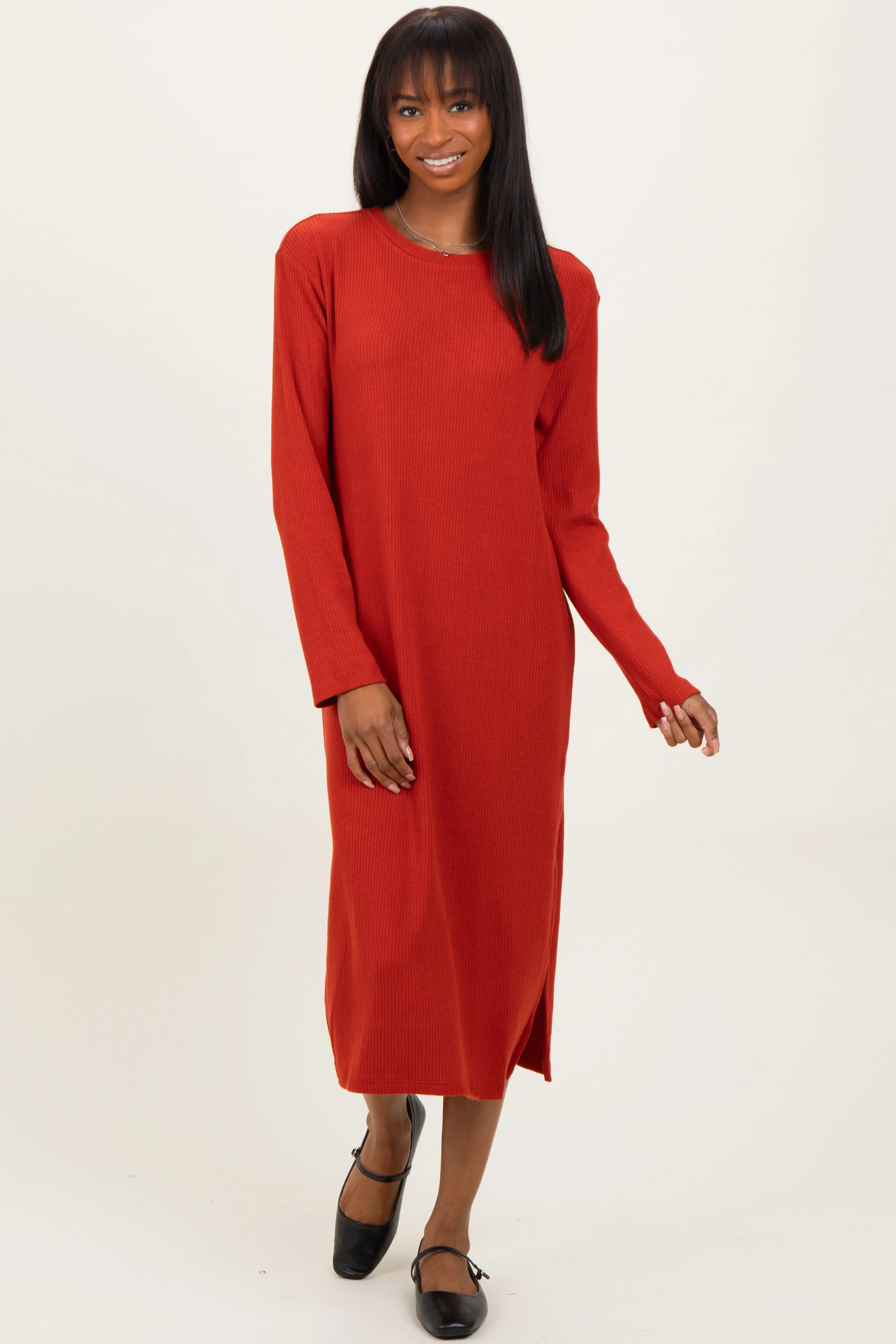 Coral Ribbed Knit Long Sleeve Side Slit Midi Dress sold by Pinkblush