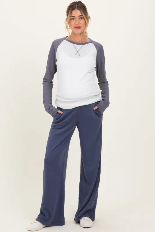 Light Navy Mineral Wash Waffle Knit Contrast Maternity Lounge Pants sold by Pinkblush