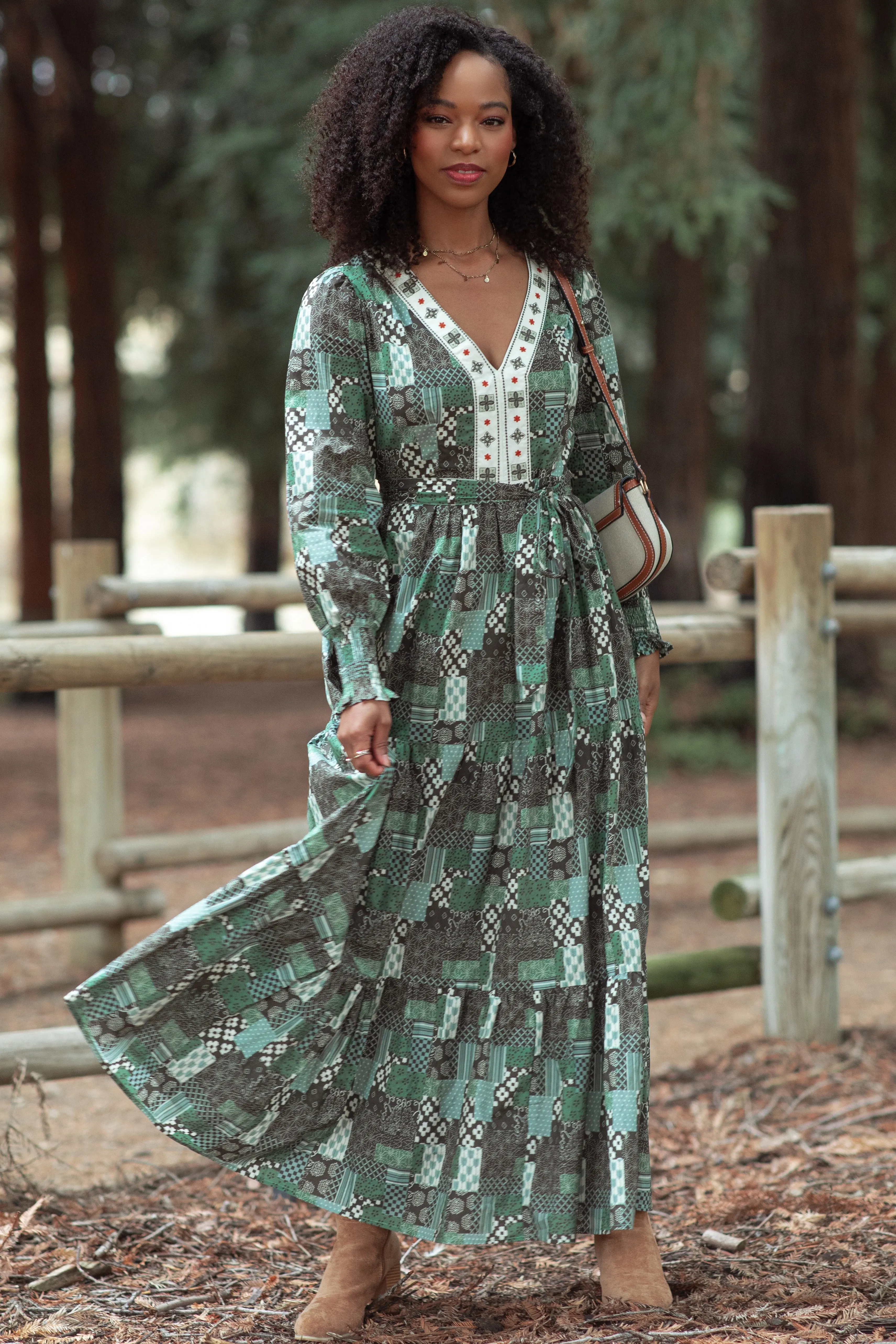 Olive Patchwork Print Tiered Long Sleeve Maternity Maxi Dress sold by Pinkblush product image thumbnail 5
