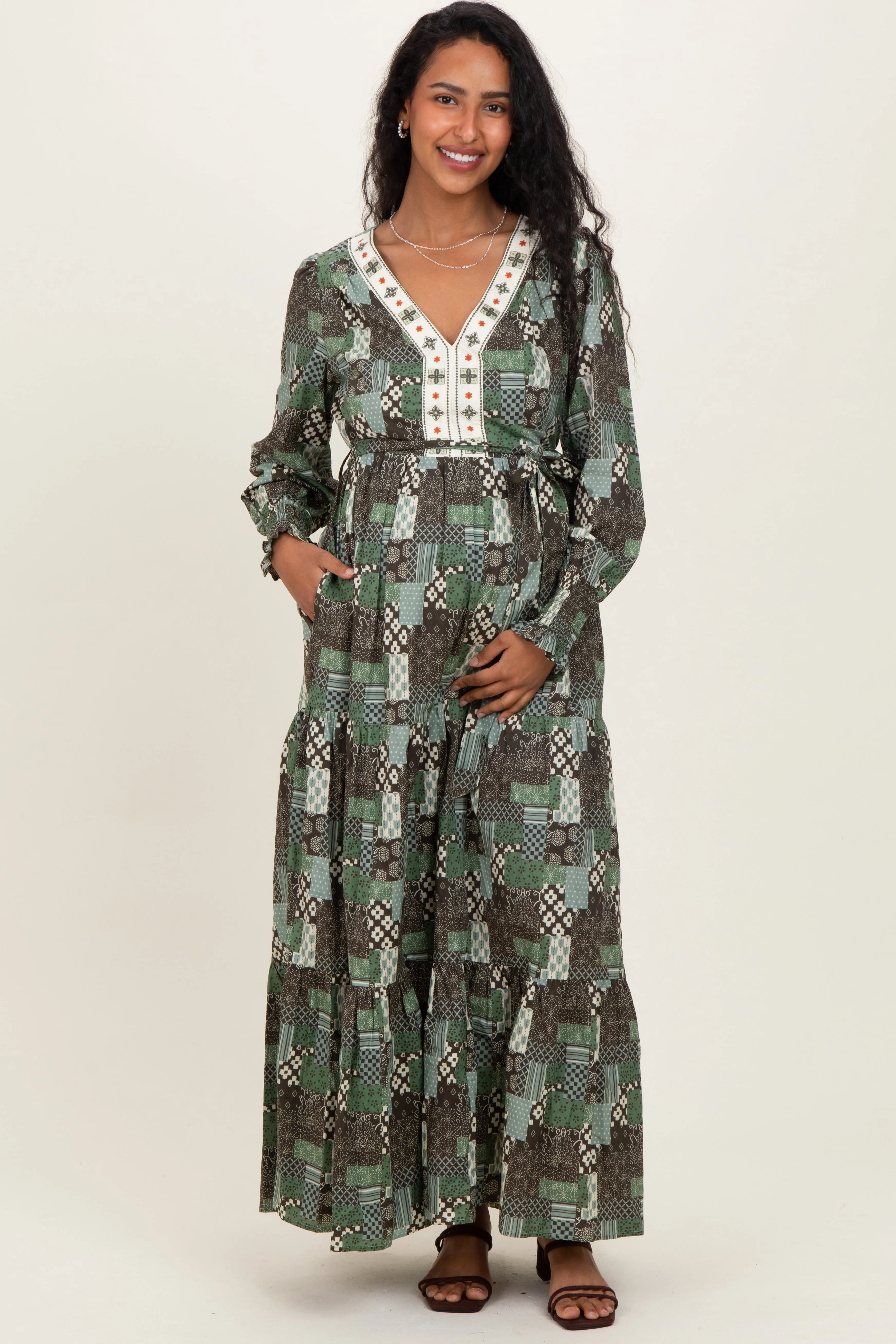 Olive Patchwork Print Tiered Long Sleeve Maternity Maxi Dress sold by Pinkblush product image thumbnail 2