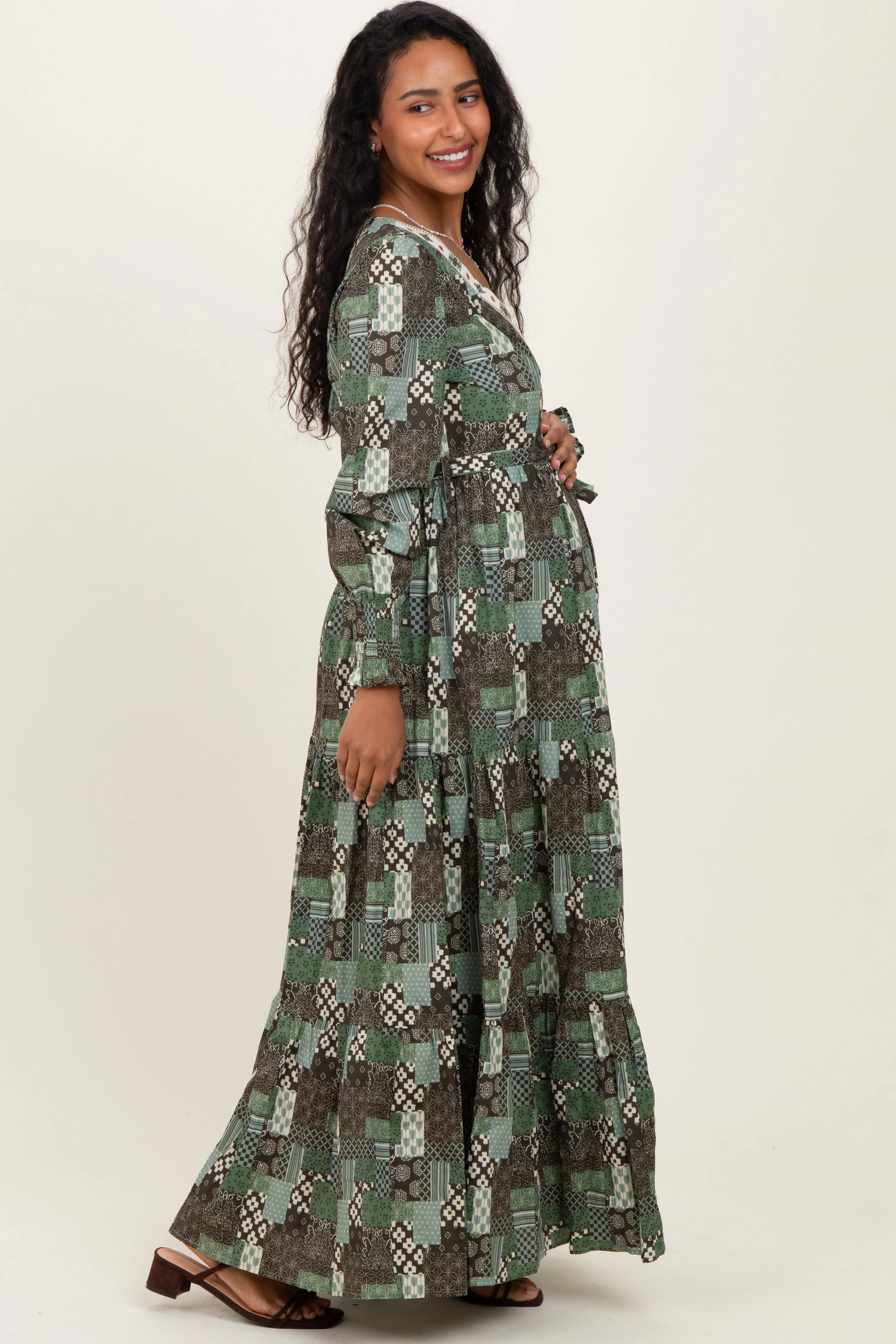 Olive Patchwork Print Tiered Long Sleeve Maternity Maxi Dress sold by Pinkblush product image thumbnail 3