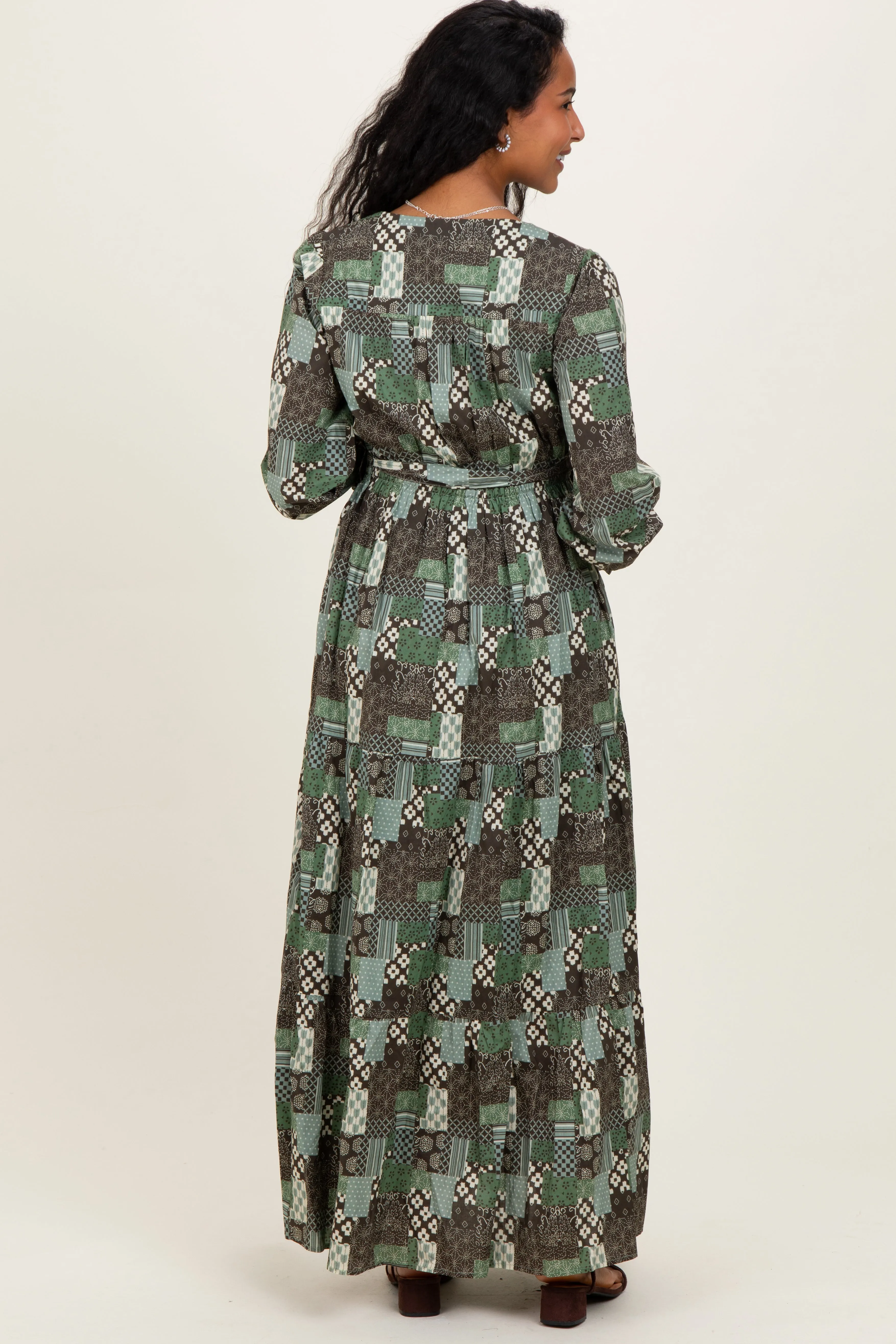 Olive Patchwork Print Tiered Long Sleeve Maternity Maxi Dress sold by Pinkblush product image thumbnail 4