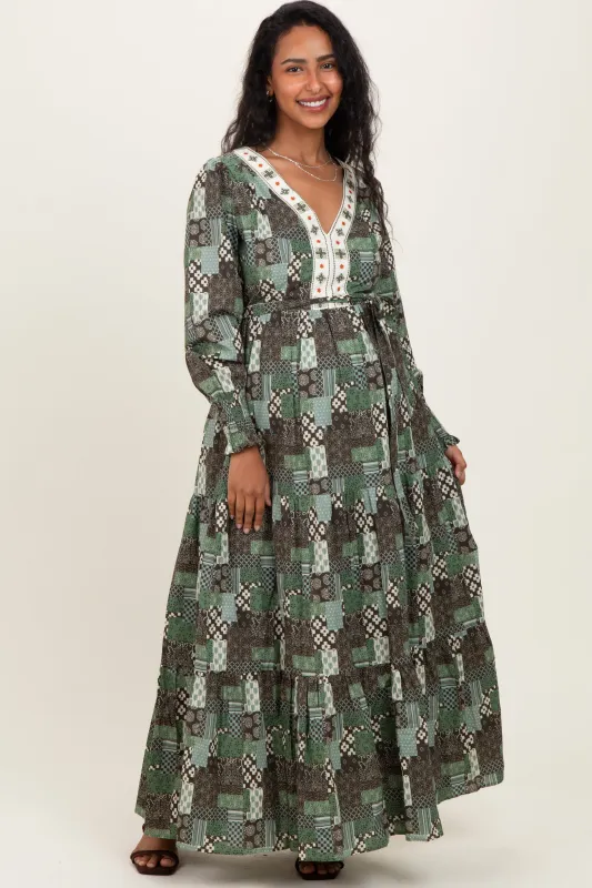 Olive Patchwork Print Tiered Long Sleeve Maternity Maxi Dress sold by Pinkblush