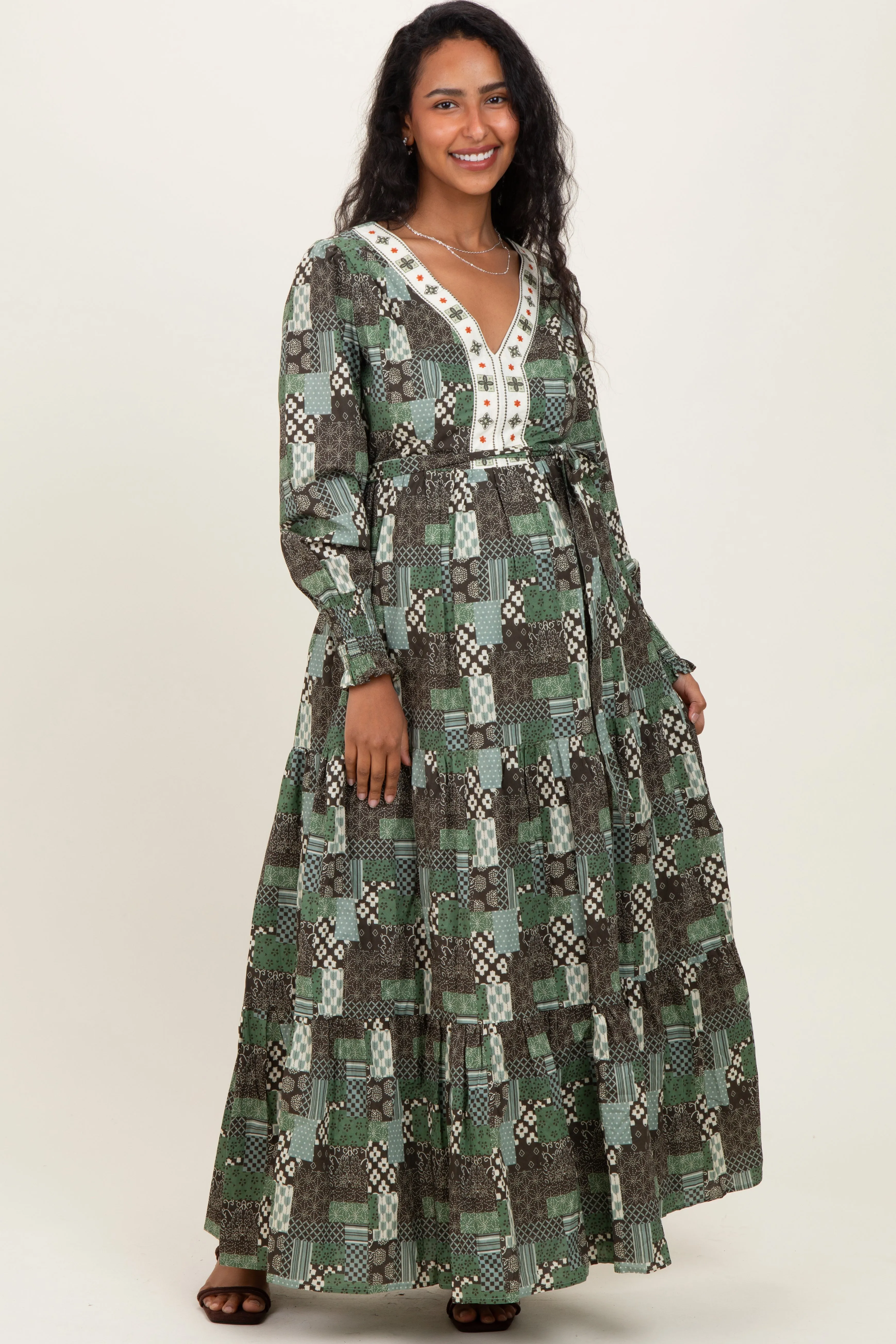 Olive Patchwork Print Tiered Long Sleeve Maternity Maxi Dress sold by Pinkblush