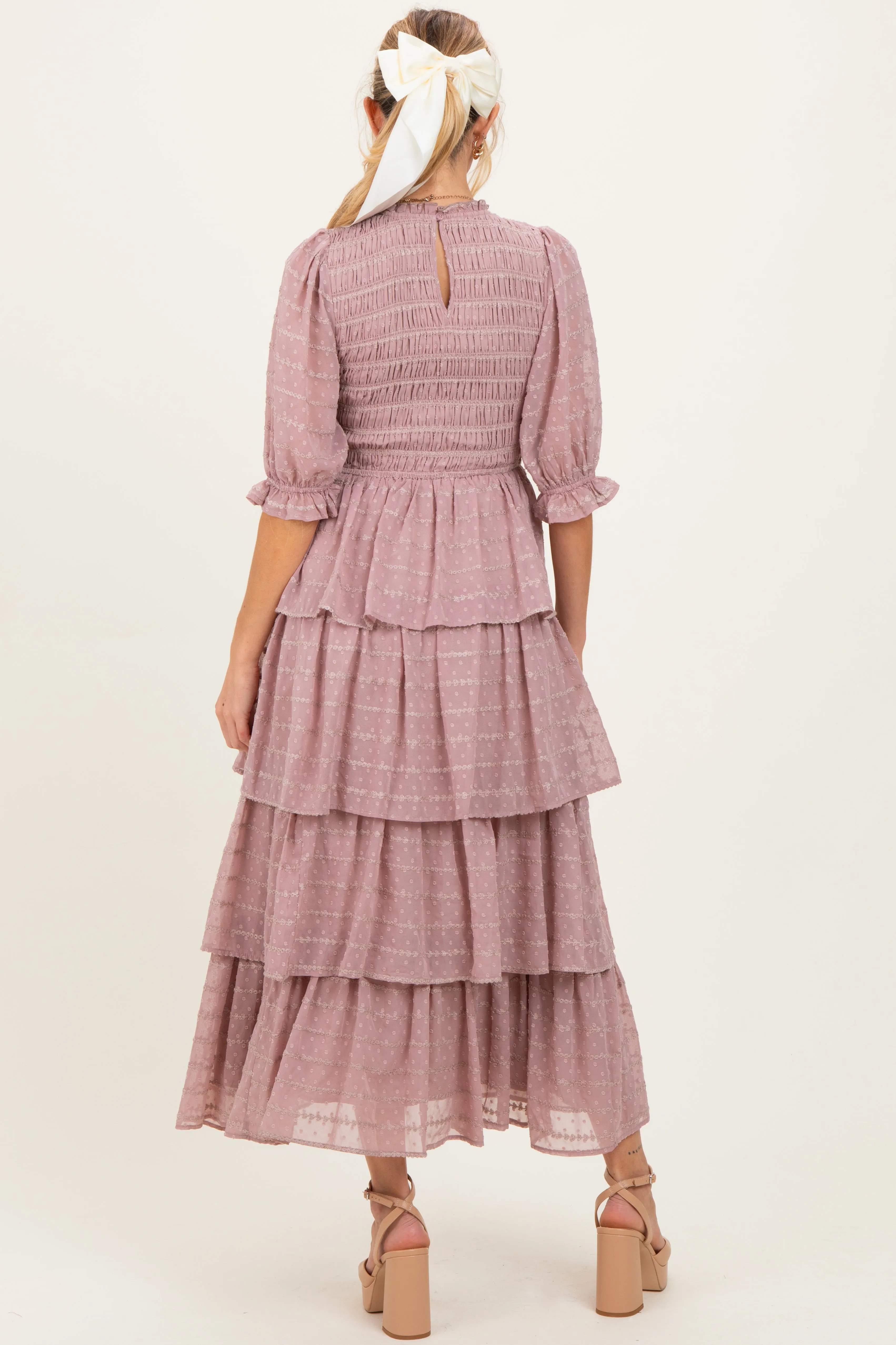 Mauve Smocked Swiss Dot Tiered Maternity Maxi Dress sold by Pinkblush product image thumbnail 2