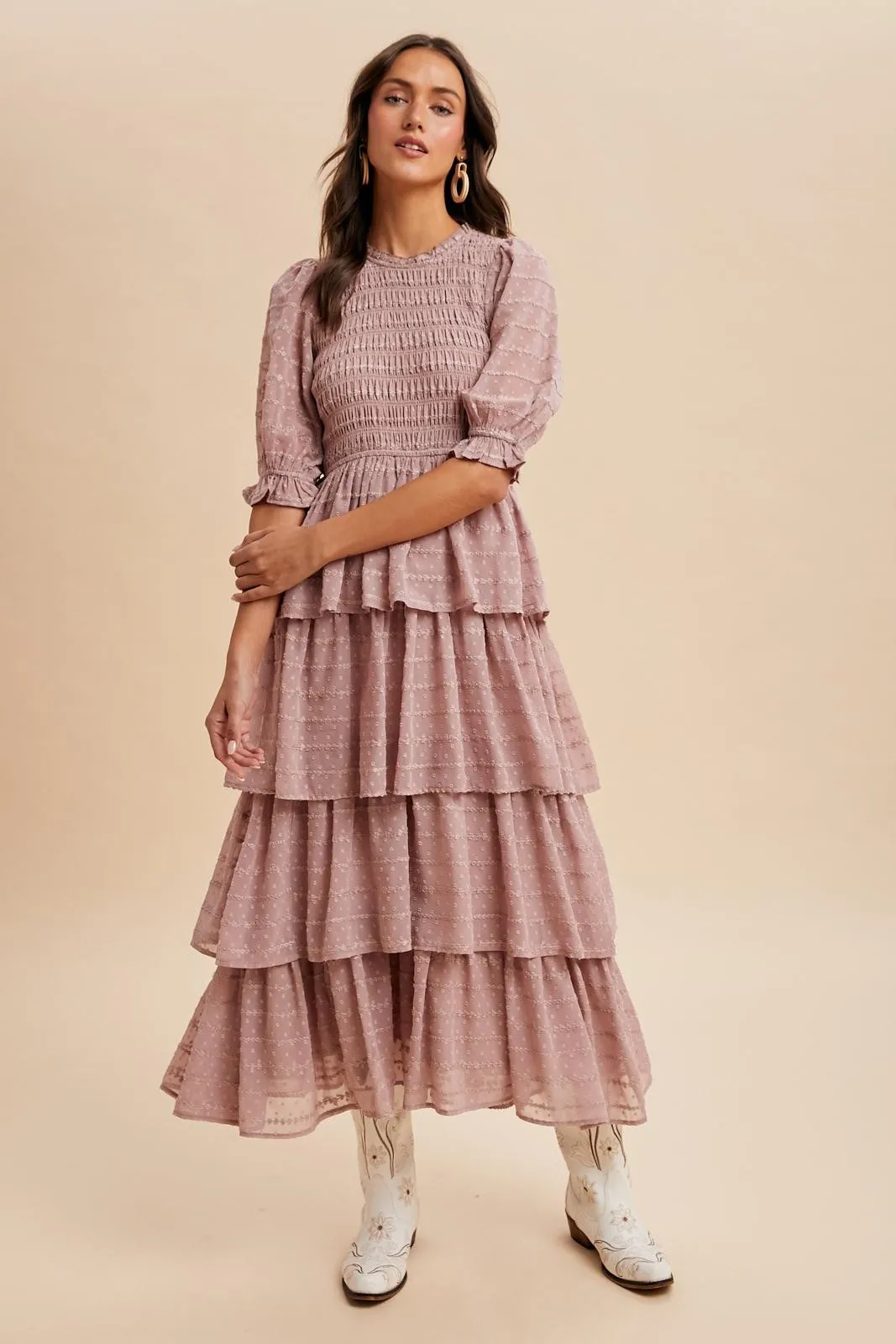 Mauve Smocked Swiss Dot Tiered Maternity Maxi Dress sold by Pinkblush product image thumbnail 3
