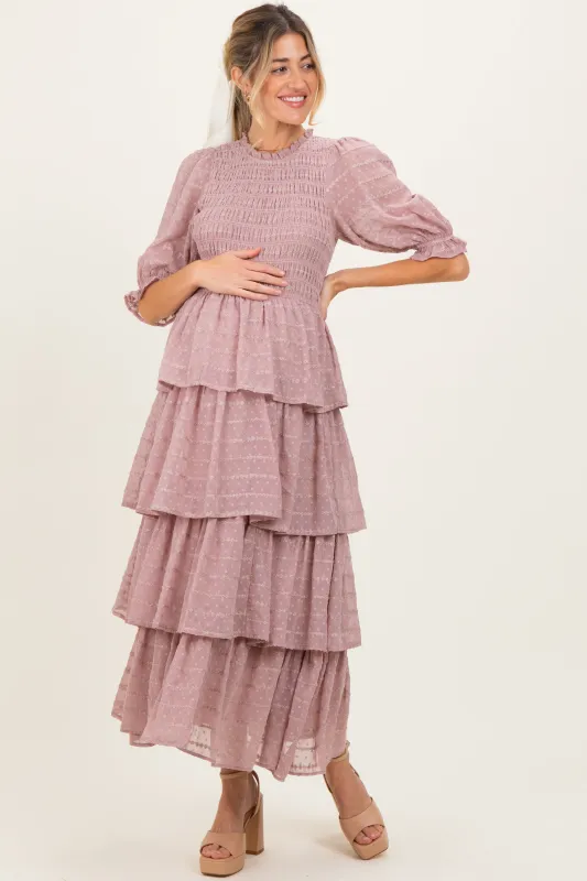 Mauve Smocked Swiss Dot Tiered Maternity Maxi Dress sold by Pinkblush