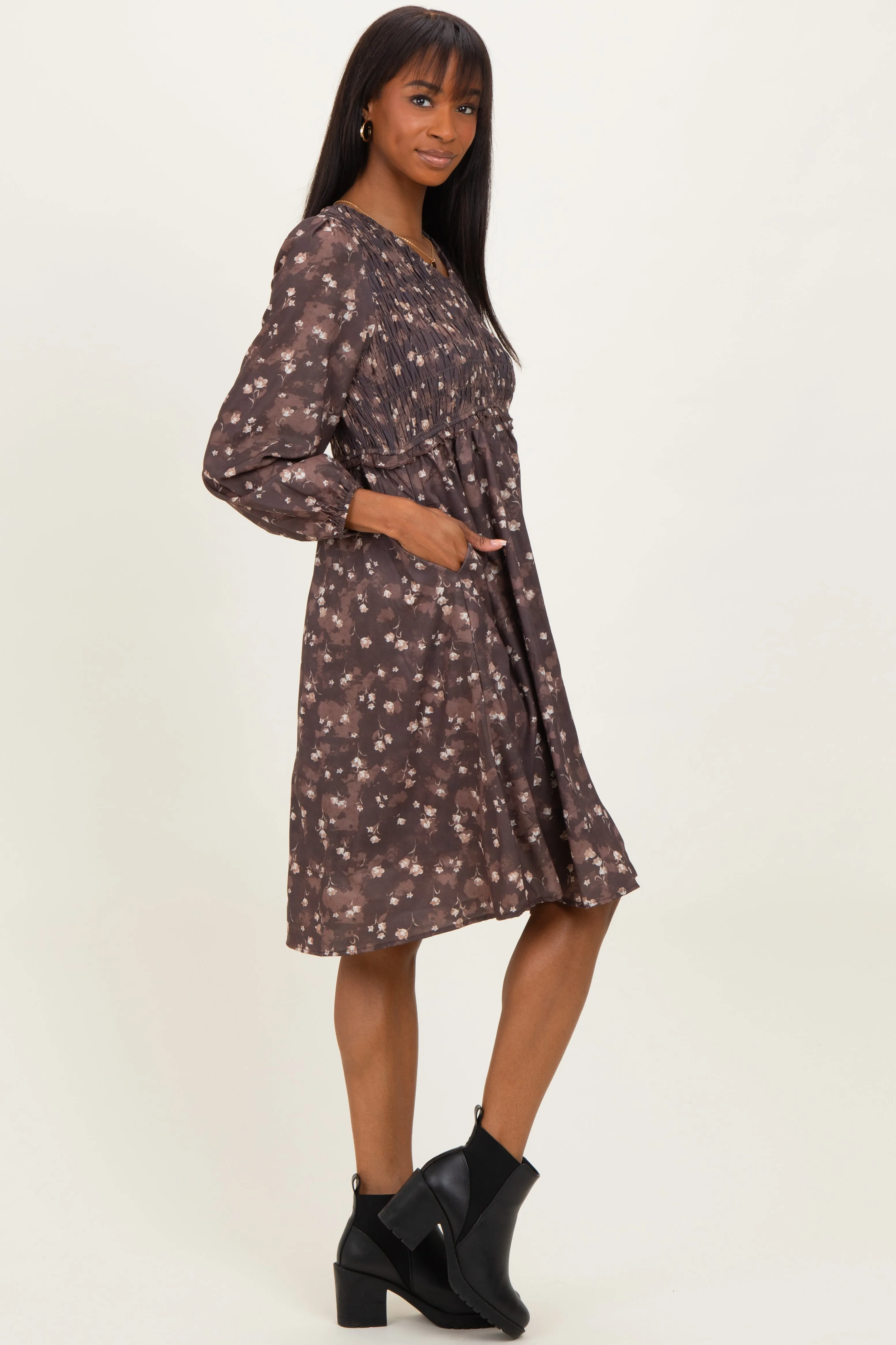 Brown Floral Smocked Long Sleeve Dress sold by Pinkblush product image thumbnail 2