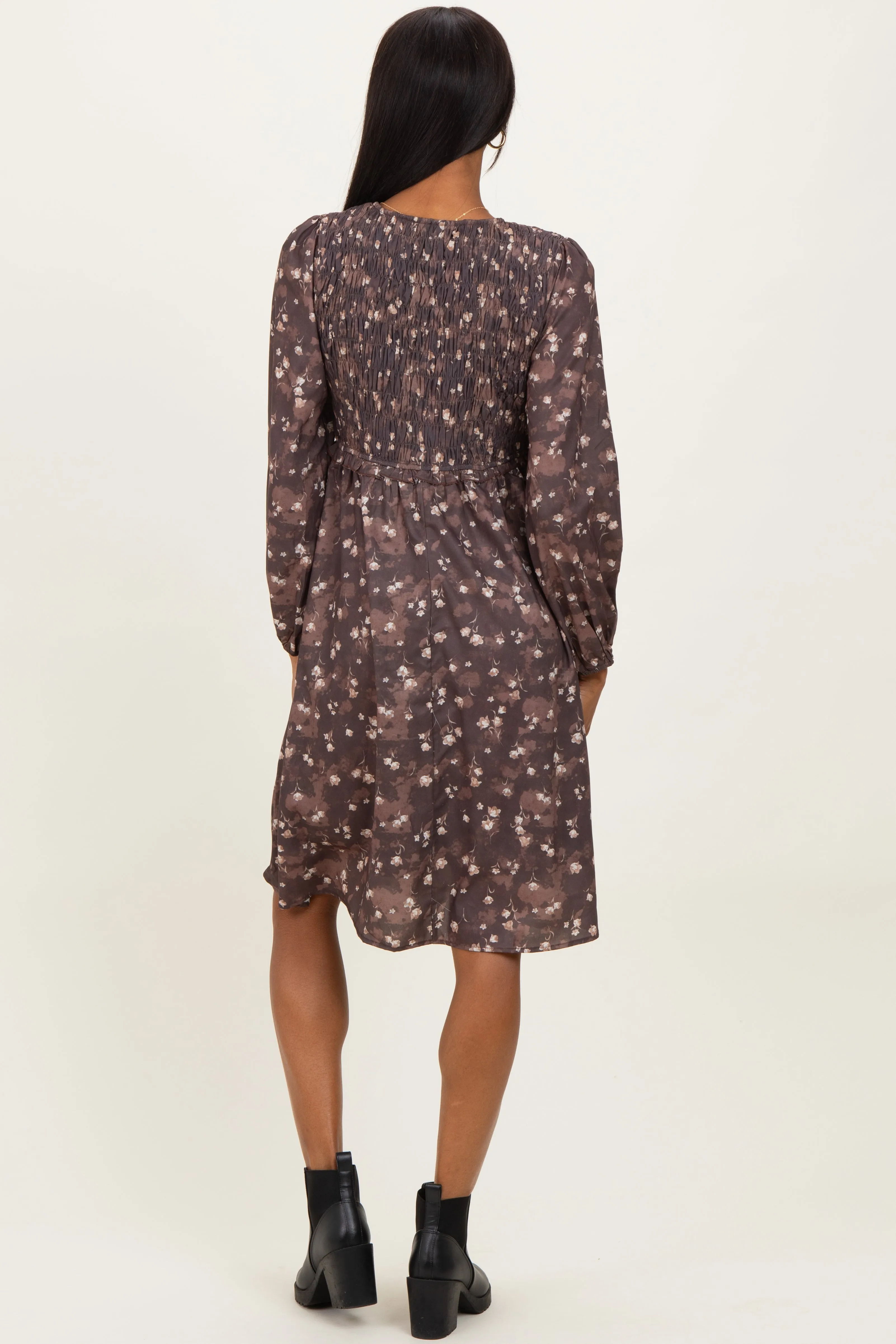 Brown Floral Smocked Long Sleeve Dress sold by Pinkblush product image thumbnail 3