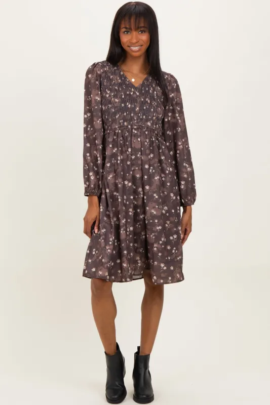 Brown Floral Smocked Long Sleeve Dress sold by Pinkblush