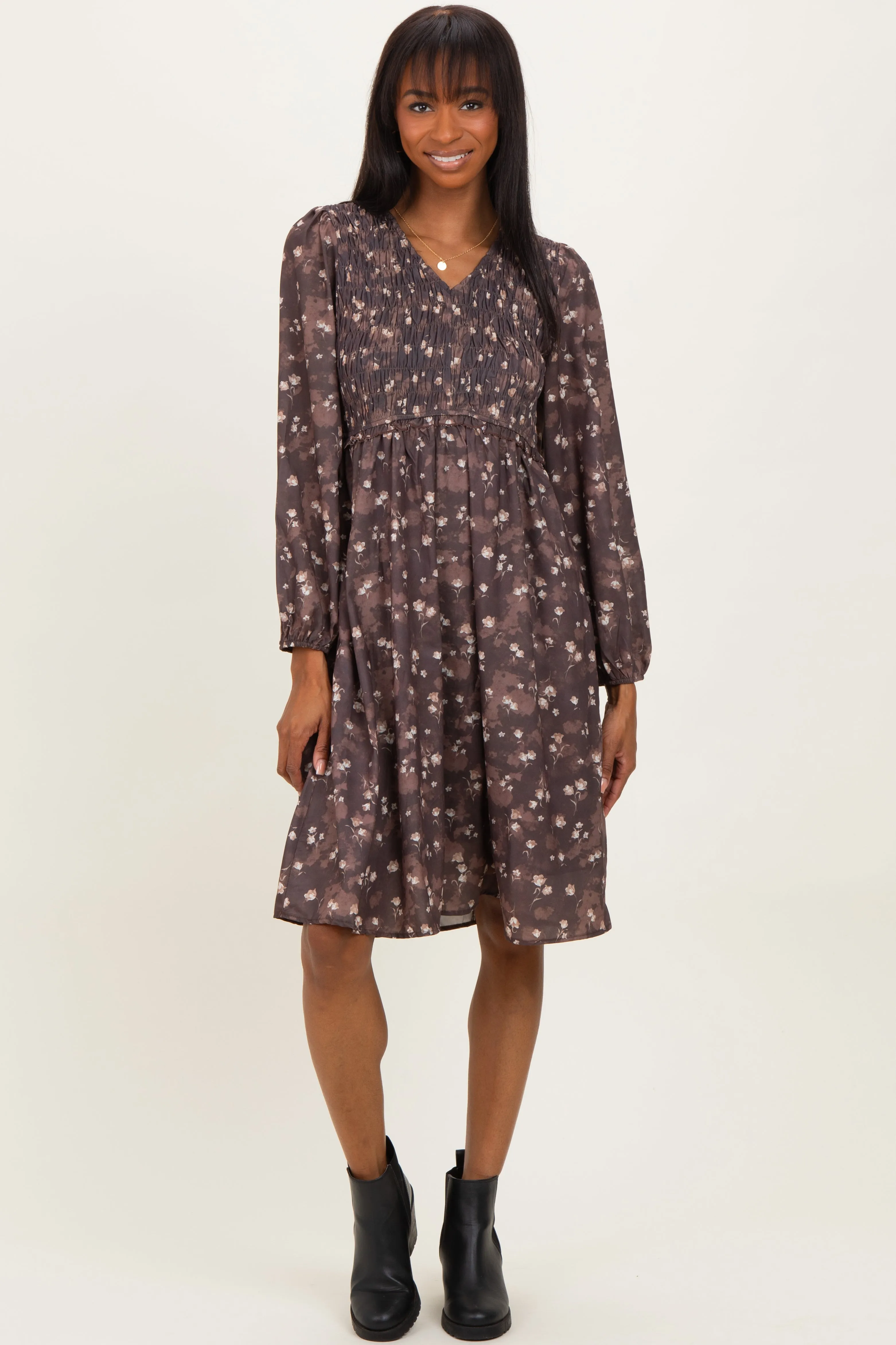Brown Floral Smocked Long Sleeve Dress sold by Pinkblush