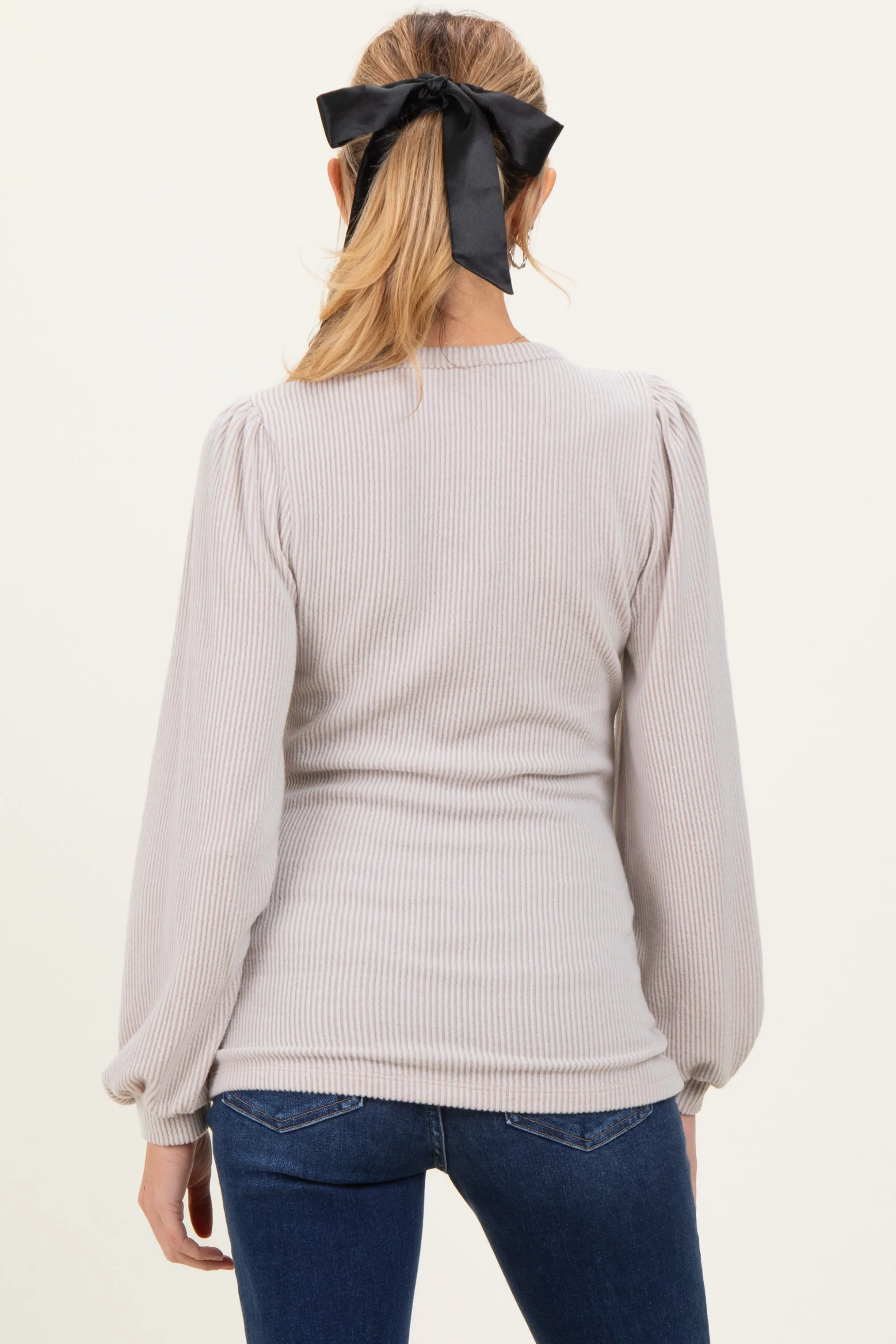 Beige Solid Ribbed Long Sleeve V-Neck Maternity Tunic Top sold by Pinkblush product image thumbnail 4