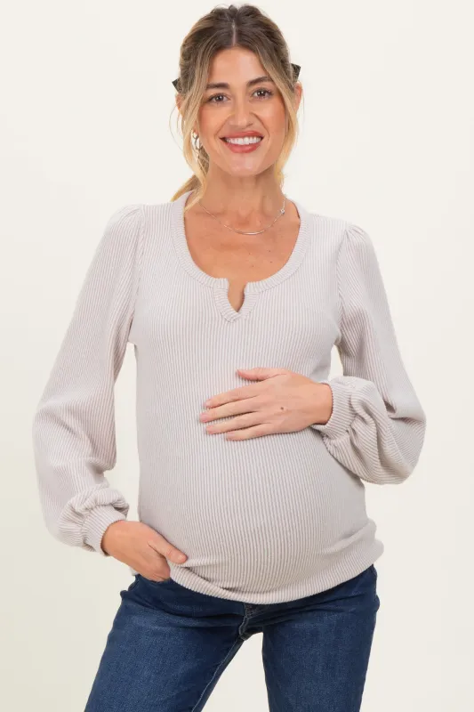 Beige Solid Ribbed Long Sleeve V-Neck Maternity Tunic Top sold by Pinkblush