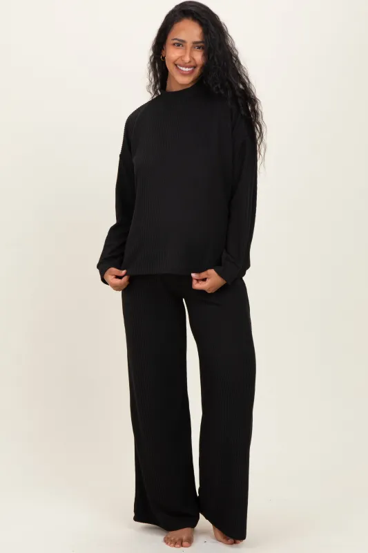 Black Textured Rib Mock Neck Long Sleeve Pants Maternity Set sold by Pinkblush