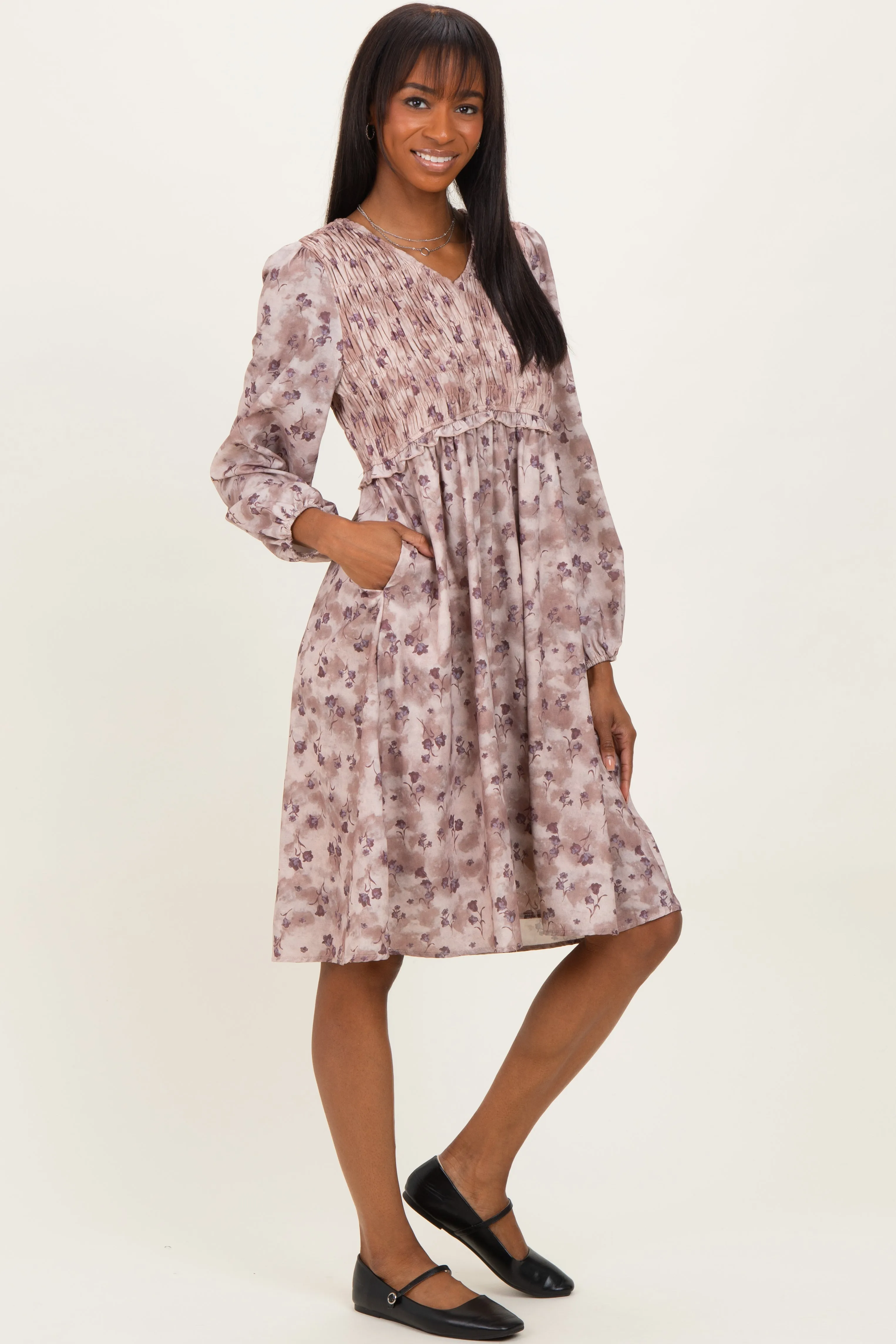 Beige Floral Smocked Long Sleeve Dress sold by Pinkblush product image thumbnail 2