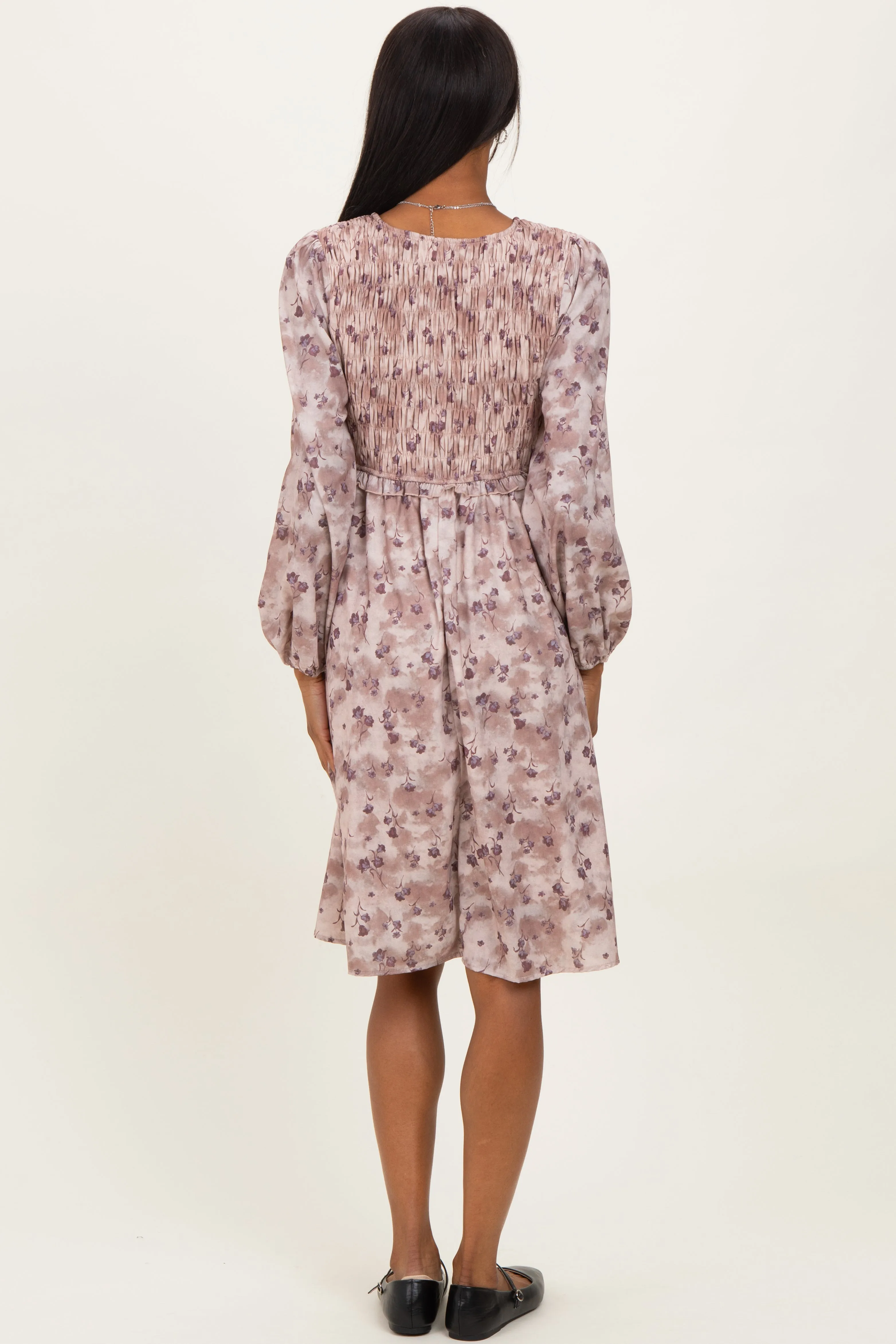 Beige Floral Smocked Long Sleeve Dress sold by Pinkblush product image thumbnail 3
