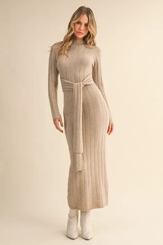 Beige Ribbed Front Tie Maxi Sweater Dress sold by Pinkblush