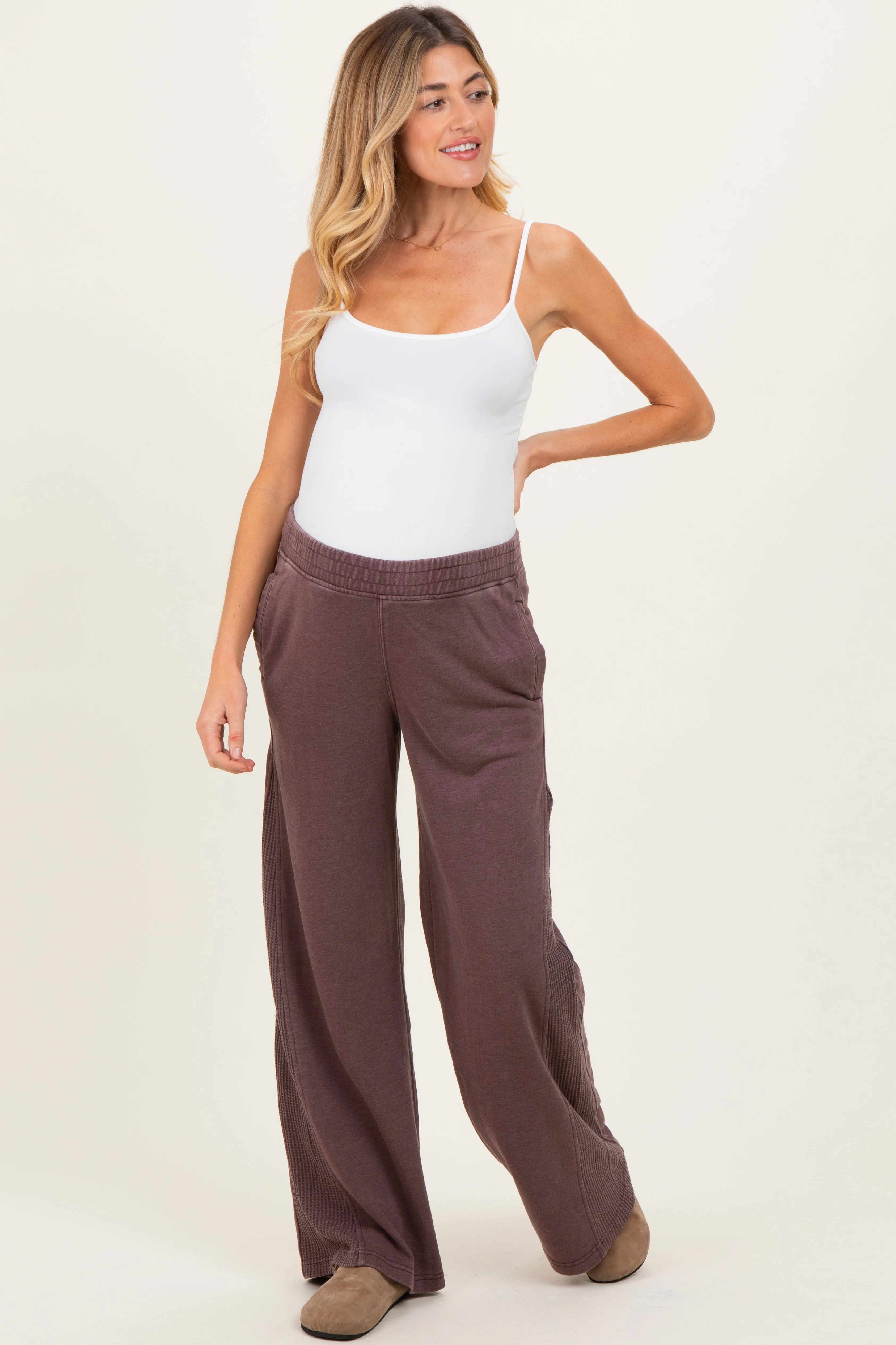 Burgundy Mineral Wash Waffle Knit Contrast Maternity Lounge Pants sold by Pinkblush product image thumbnail 2