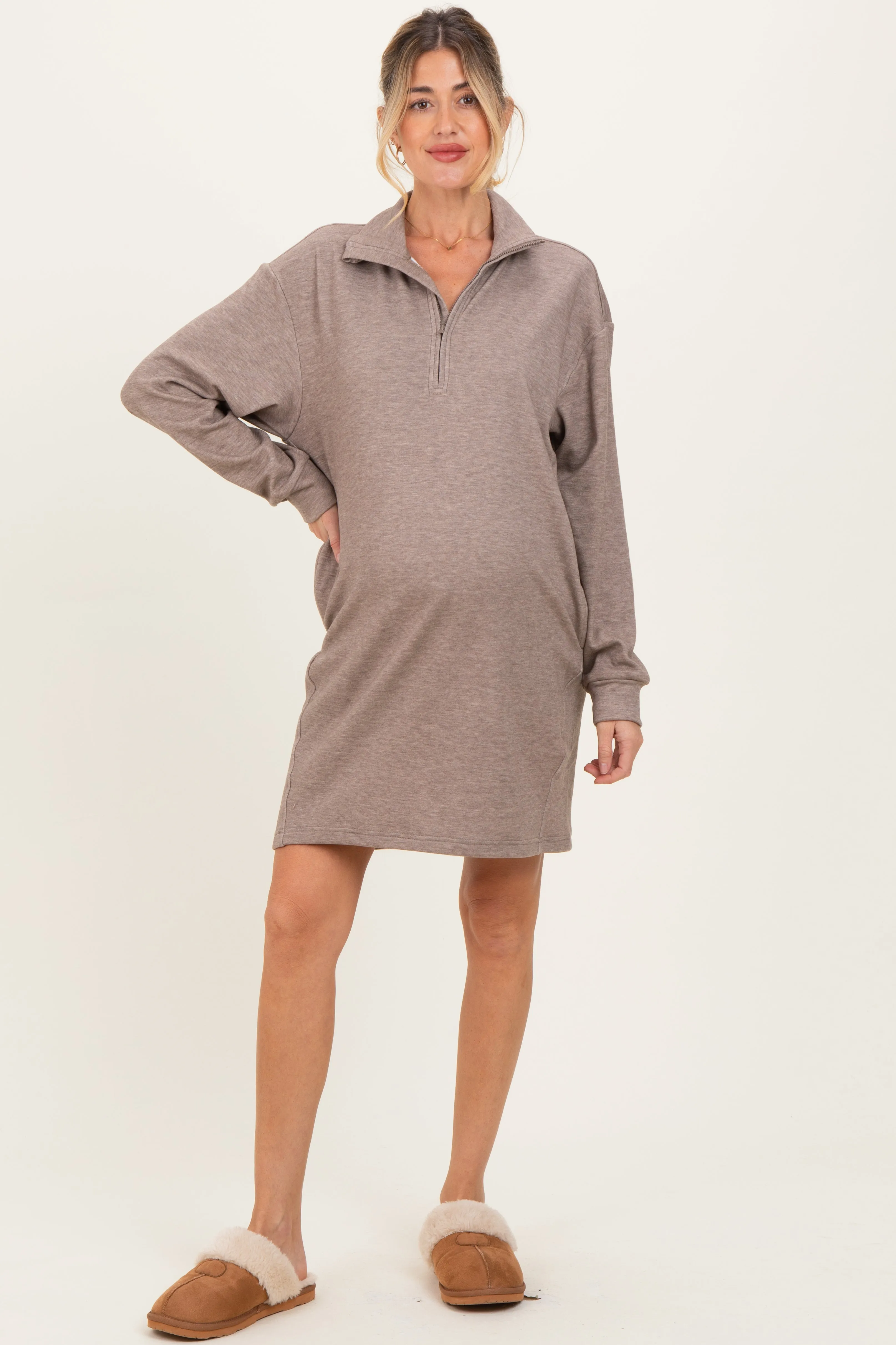 Taupe Brushed Quarter Zip Jersey Lounge Maternity Sweatshirt Dress sold by Pinkblush