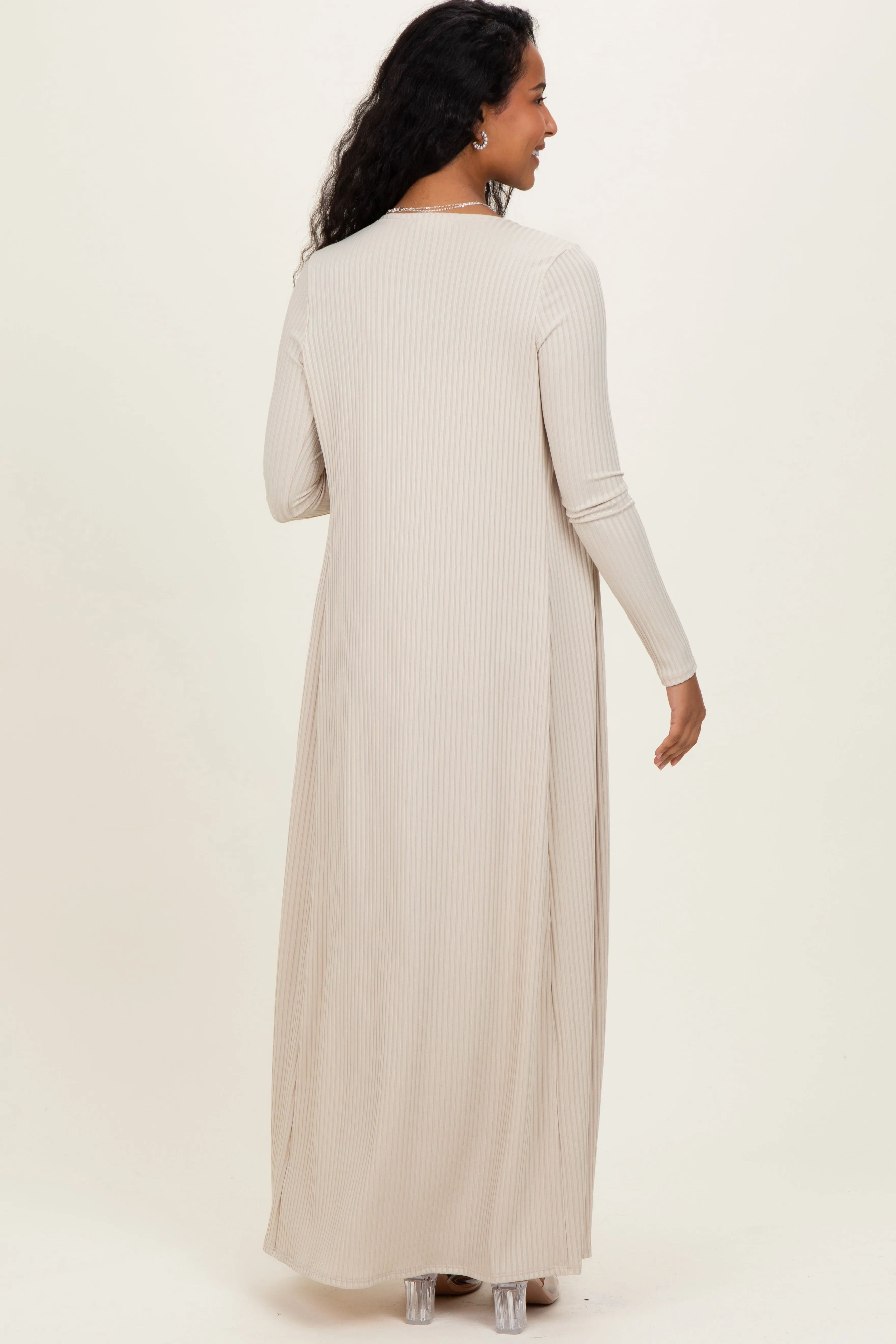 Taupe Ribbed Sleeveless Dress Cardigan Maternity Set sold by Pinkblush product image thumbnail 4