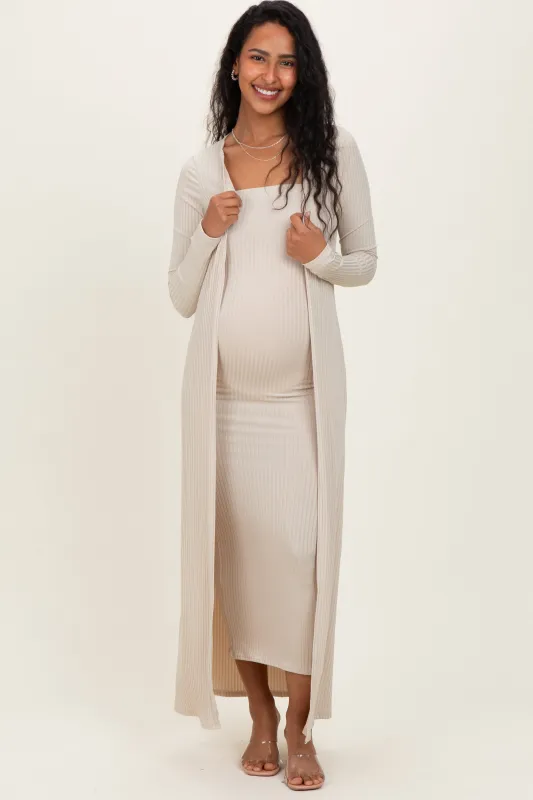 Taupe Ribbed Sleeveless Dress Cardigan Maternity Set sold by Pinkblush