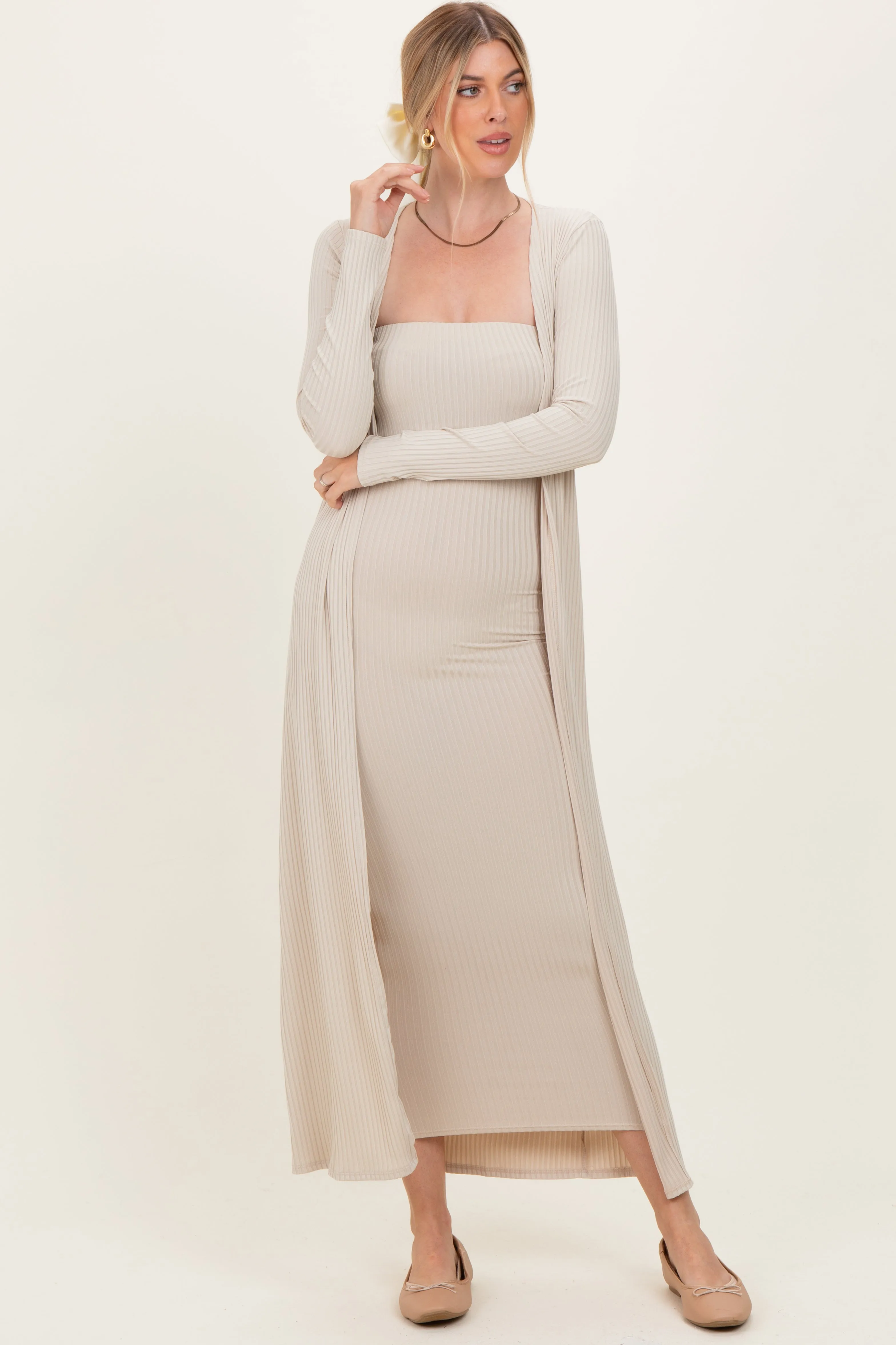 Taupe Ribbed Sleeveless Dress Cardigan Maternity Set sold by Pinkblush product image thumbnail 5
