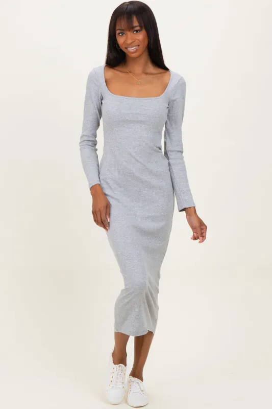 Heather Grey Square Neck Rib Long Sleeve Maxi Dress sold by Pinkblush