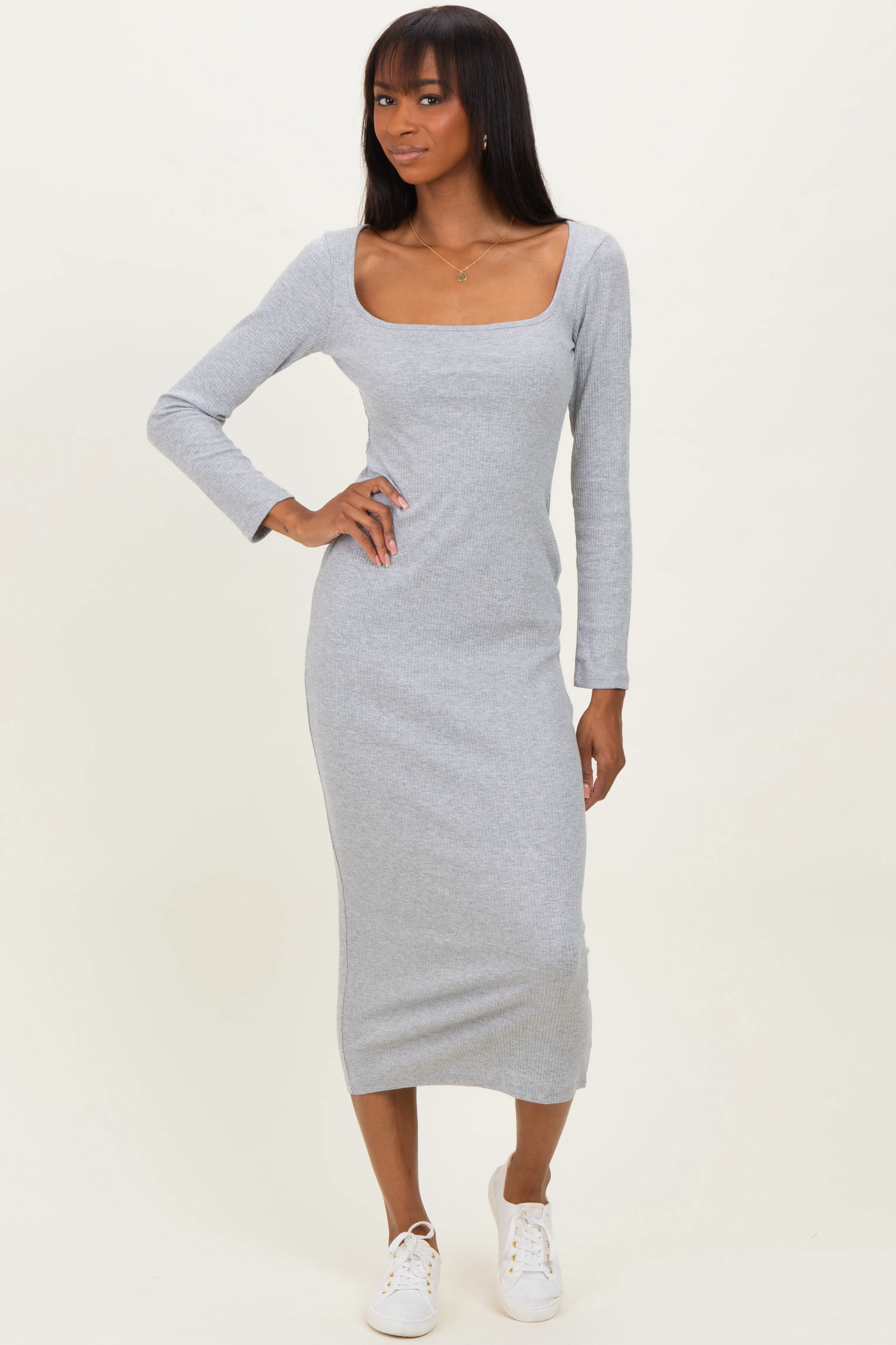 Heather Grey Square Neck Rib Long Sleeve Maxi Dress sold by Pinkblush product image thumbnail 2