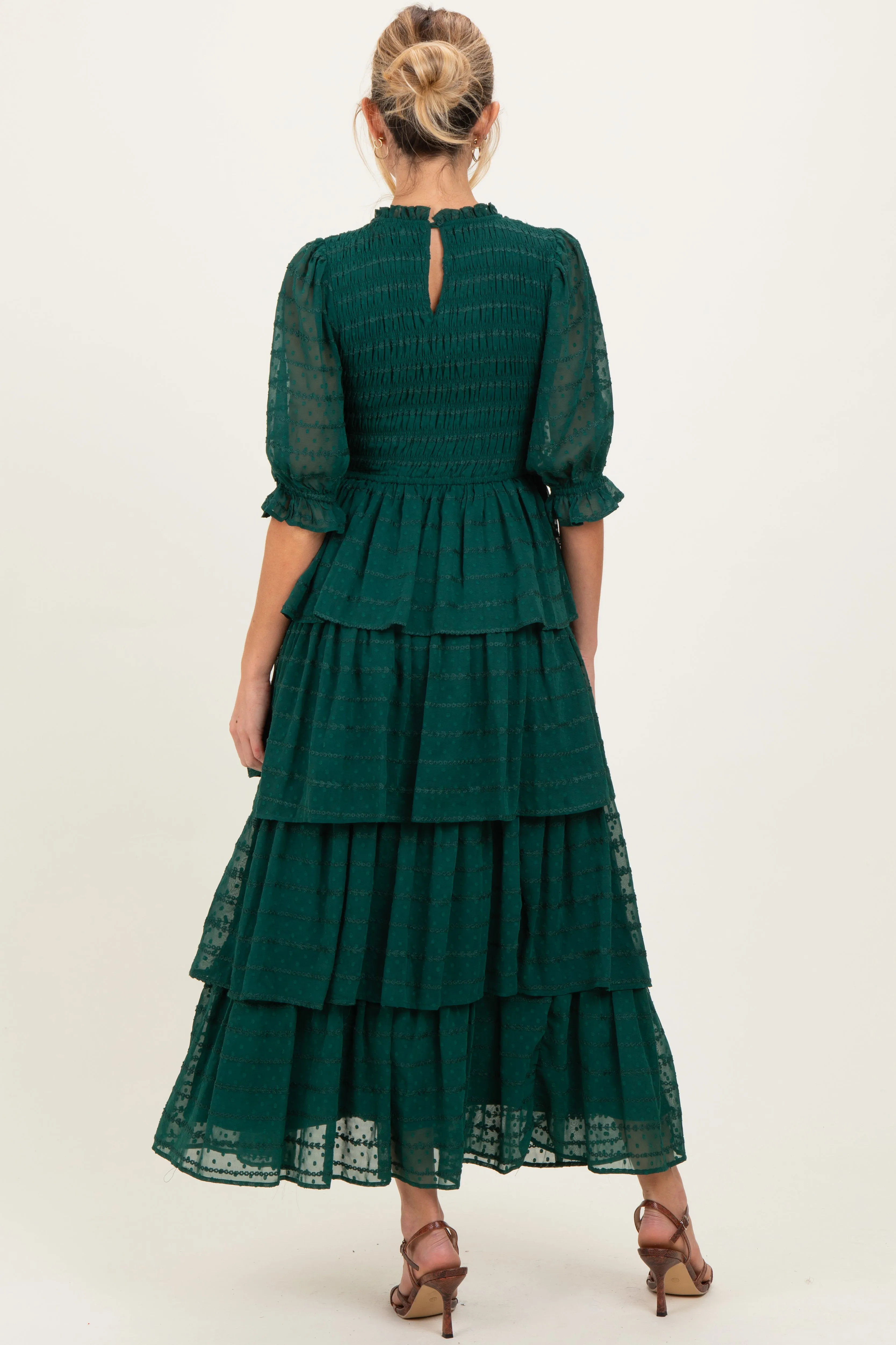 Forest Green Smocked Swiss Dot Tiered Maternity Maxi Dress sold by Pinkblush product image thumbnail 2