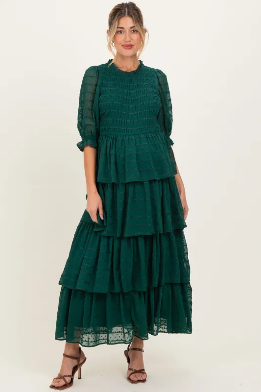 Forest Green Smocked Swiss Dot Tiered Maternity Maxi Dress sold by Pinkblush