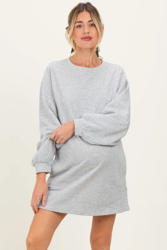 Heather Grey Bubble Sleeve Maternity Sweatshirt Mini Dress sold by Pinkblush