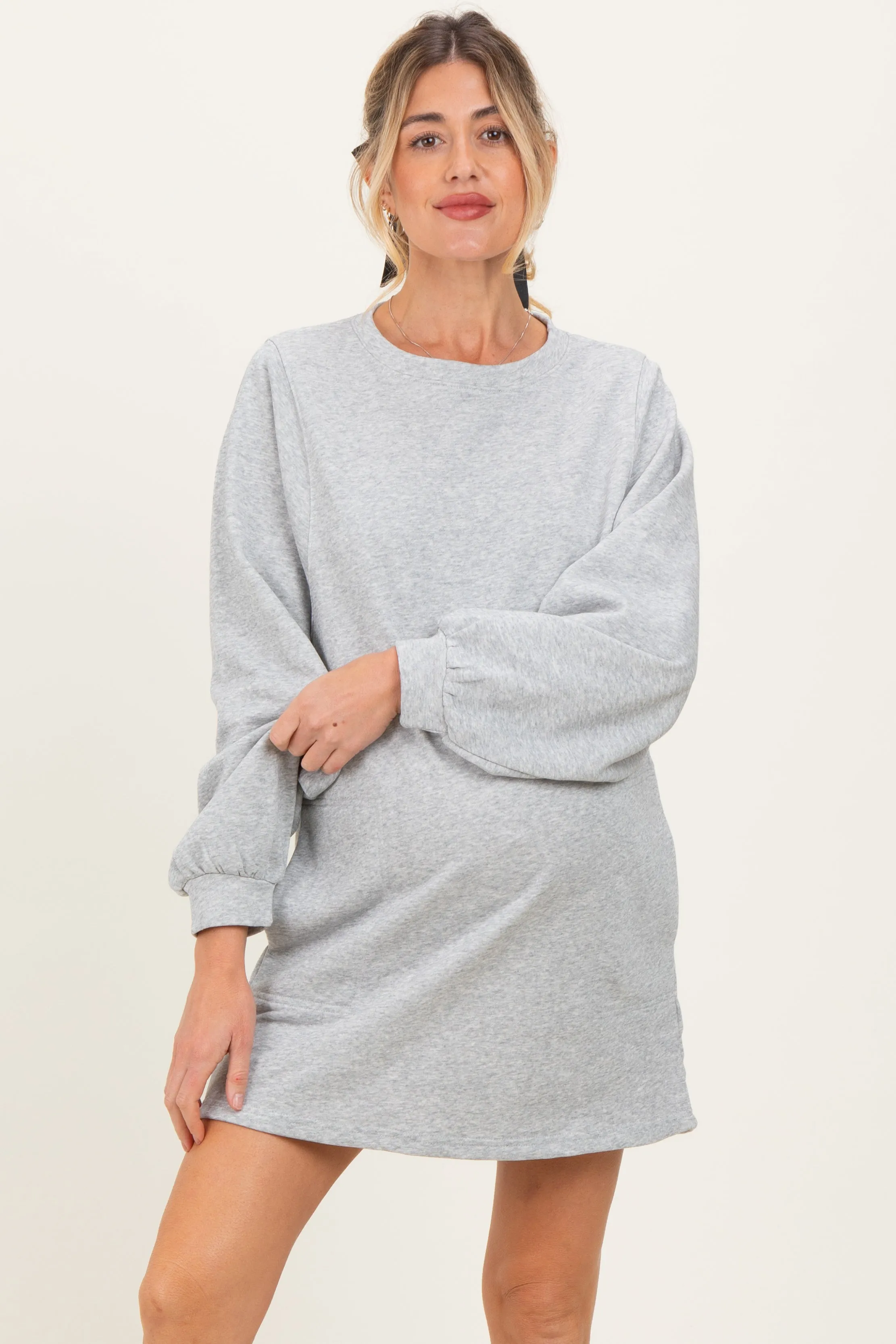 Heather Grey Bubble Sleeve Maternity Sweatshirt Mini Dress sold by Pinkblush