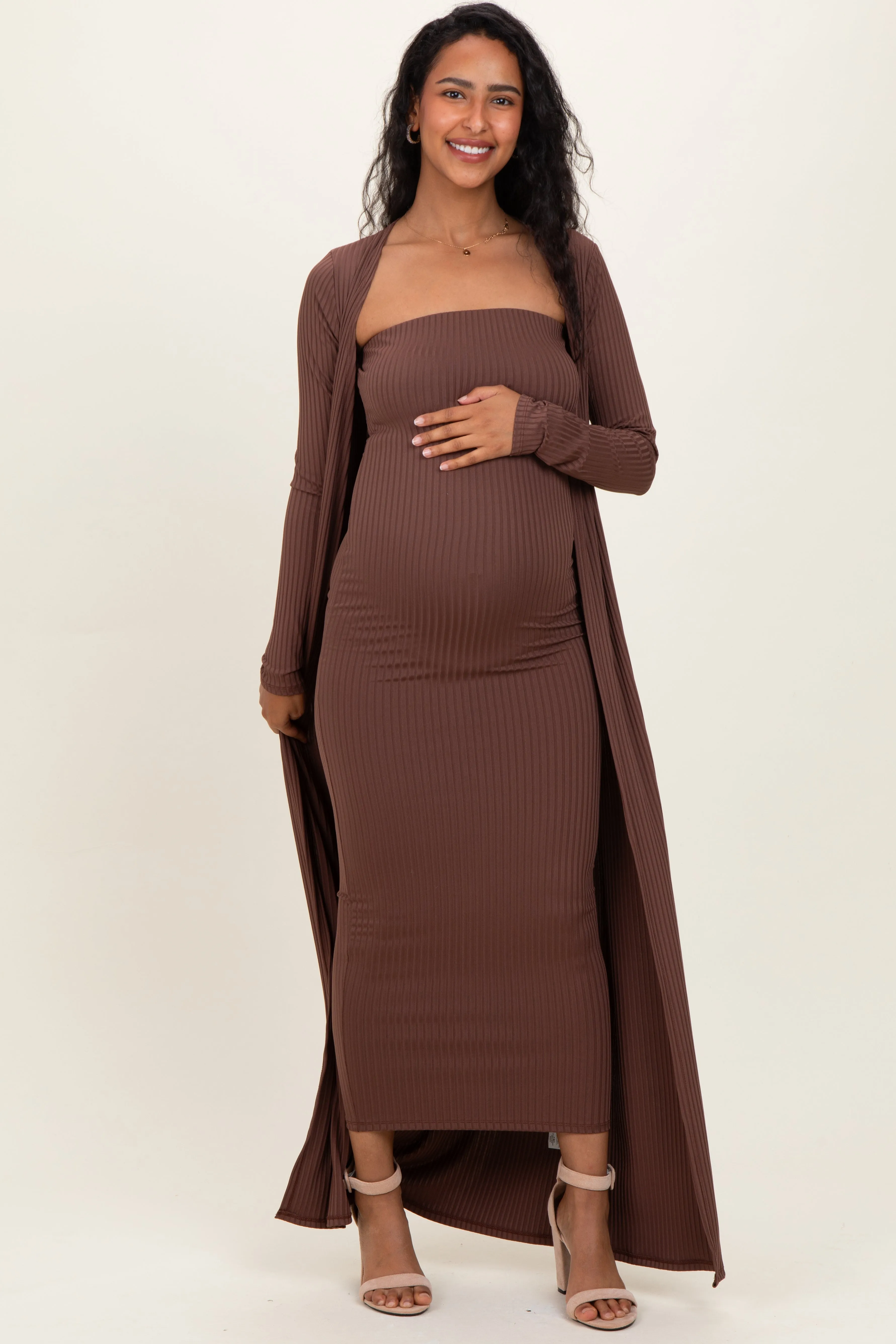 Brown Ribbed Sleeveless Dress Cardigan Maternity Set sold by Pinkblush