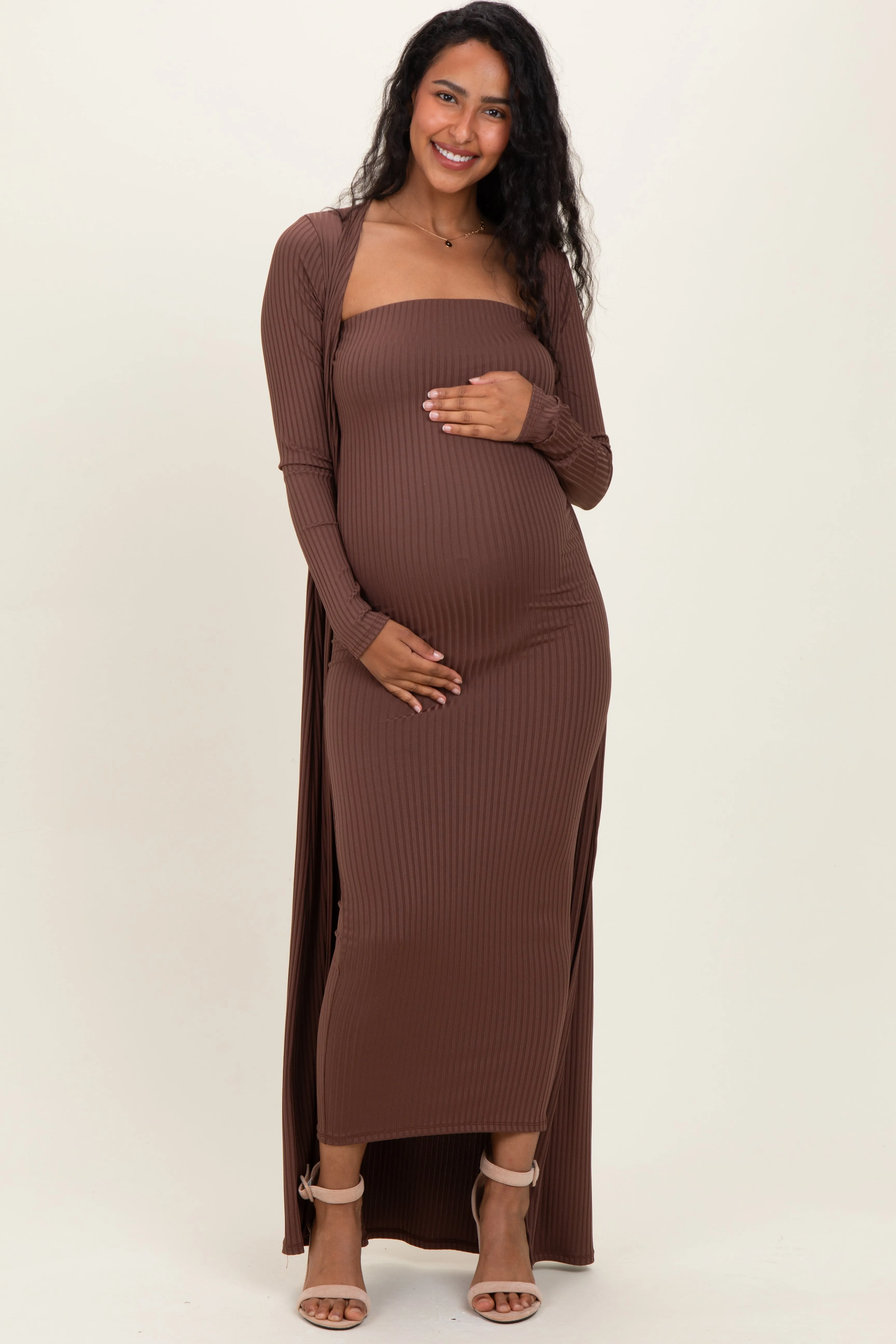 Brown Ribbed Sleeveless Dress Cardigan Maternity Set sold by Pinkblush product image thumbnail 2