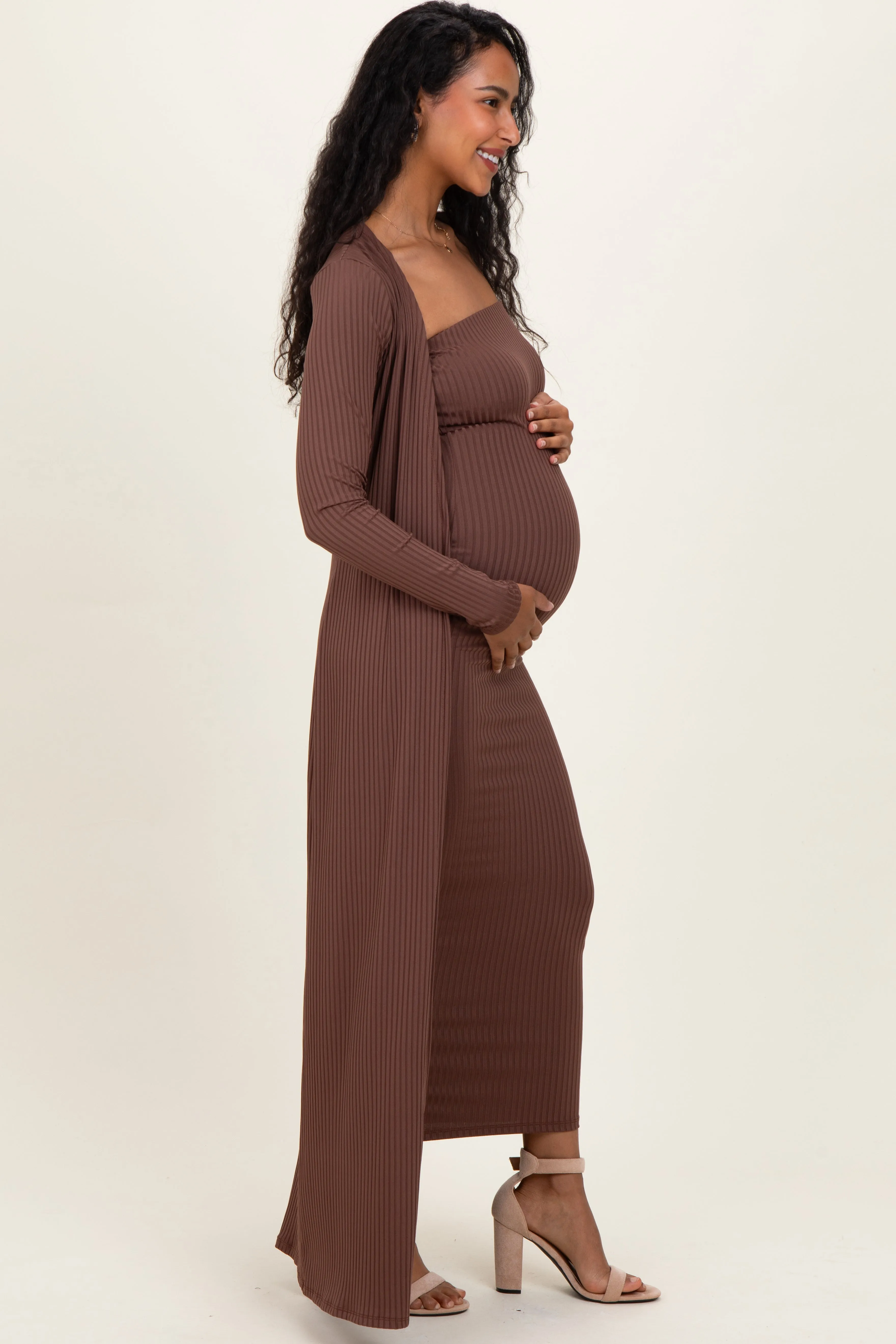 Brown Ribbed Sleeveless Dress Cardigan Maternity Set sold by Pinkblush product image thumbnail 3