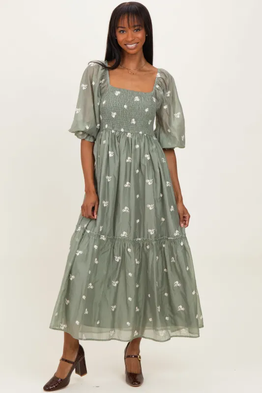 Light Olive Floral Embroidered Smocked 3/4 Sleeve Midi Dress sold by Pinkblush