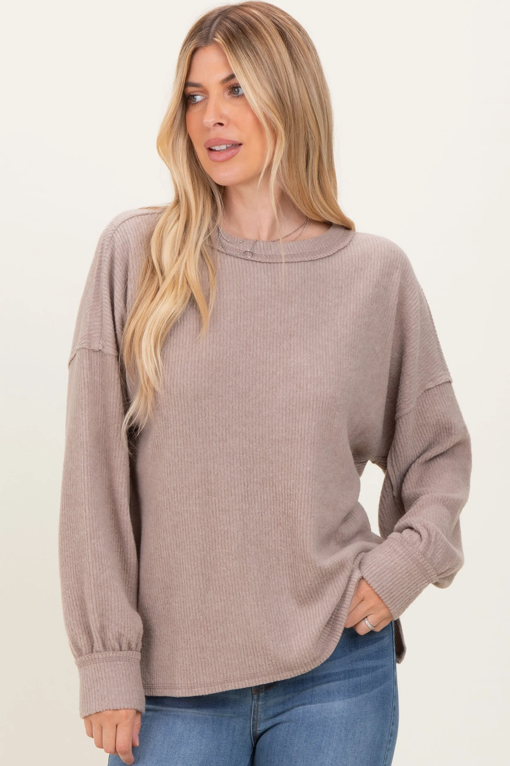 Beige Brushed Ribbed Knit Pullover sold by Pinkblush product image thumbnail 2