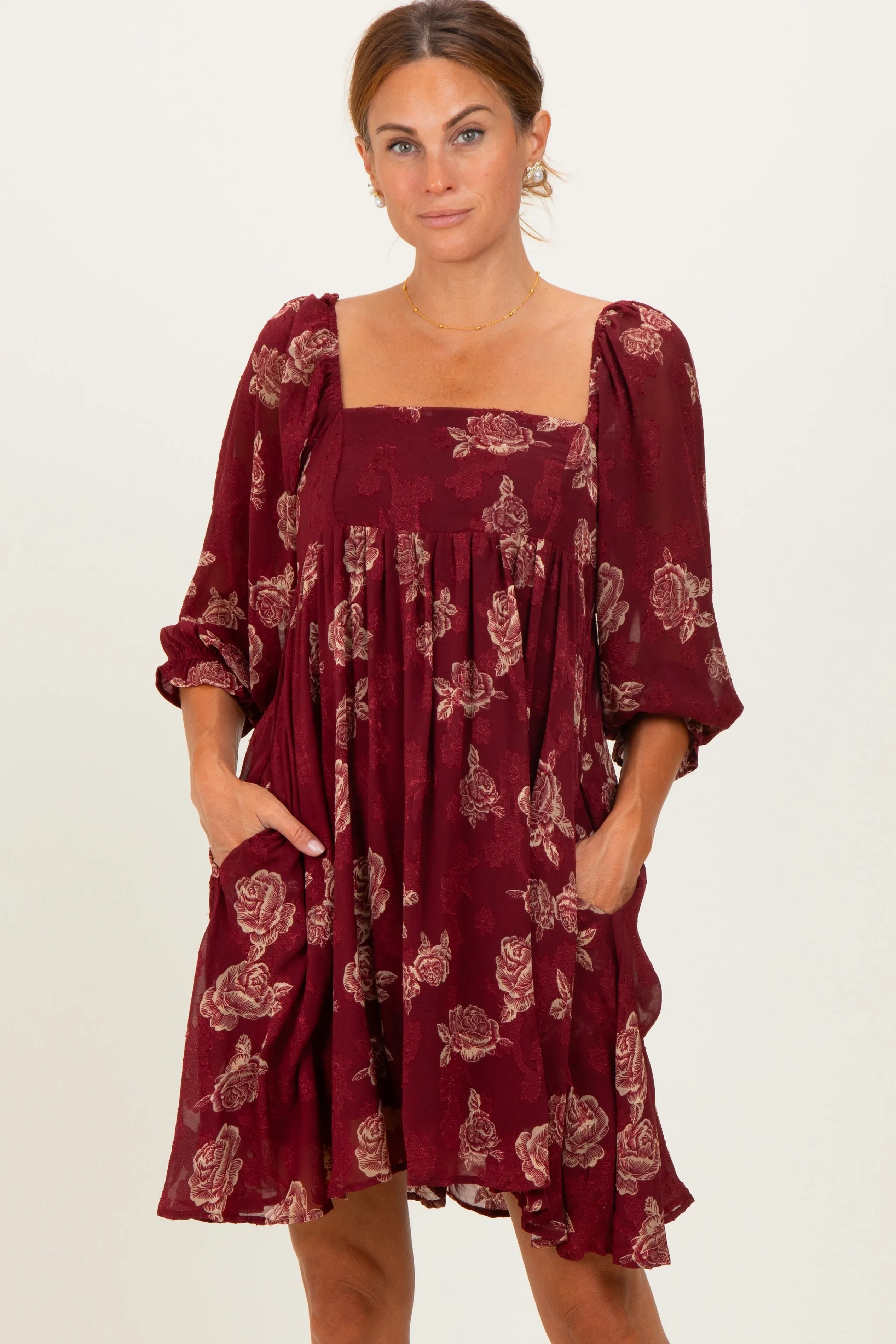 Burgundy Floral Jacquard 3/4 Sleeve Maternity Dress sold by Pinkblush product image thumbnail 5