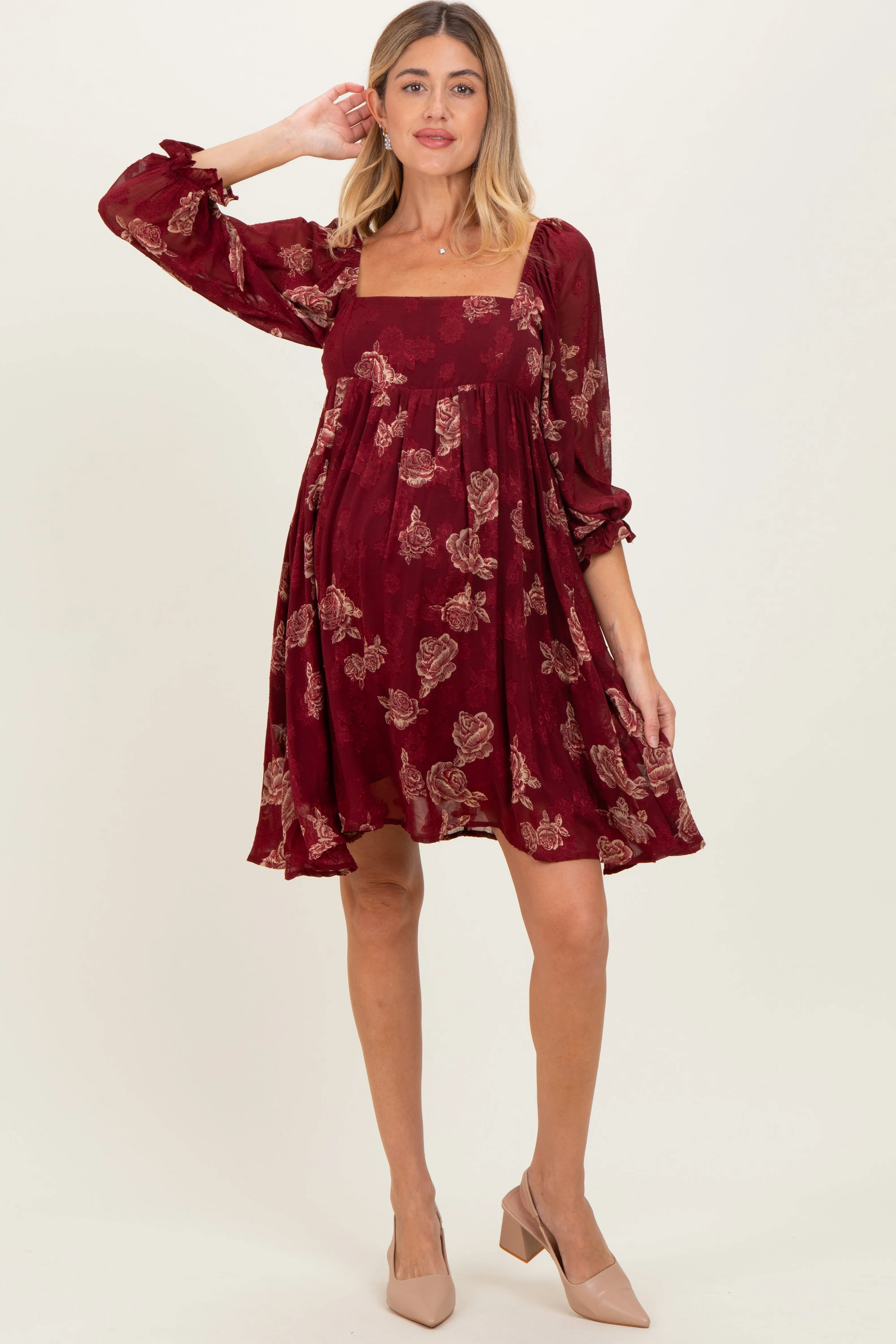 Burgundy Floral Jacquard 3/4 Sleeve Maternity Dress sold by Pinkblush product image thumbnail 2