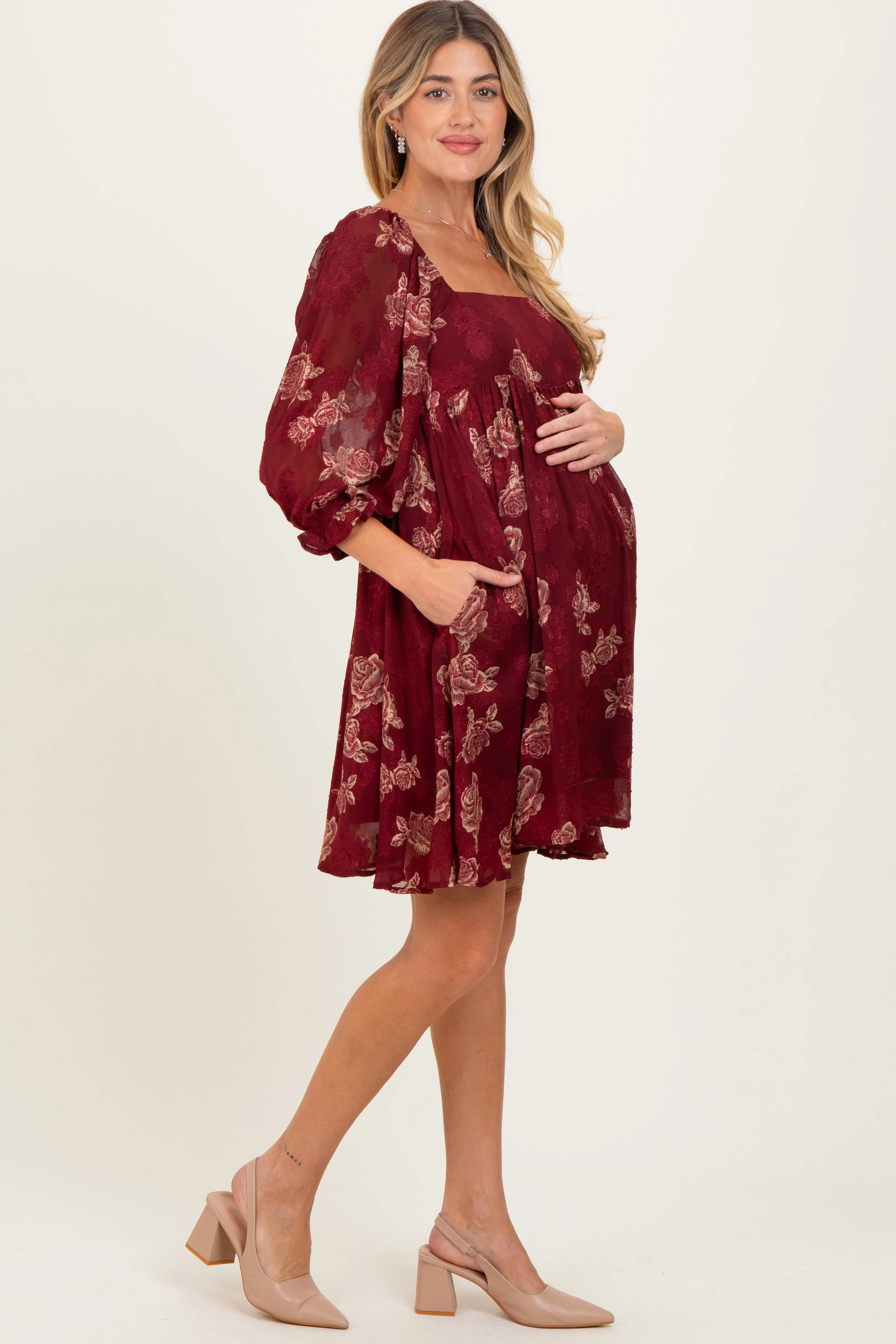 Burgundy Floral Jacquard 3/4 Sleeve Maternity Dress sold by Pinkblush product image thumbnail 3