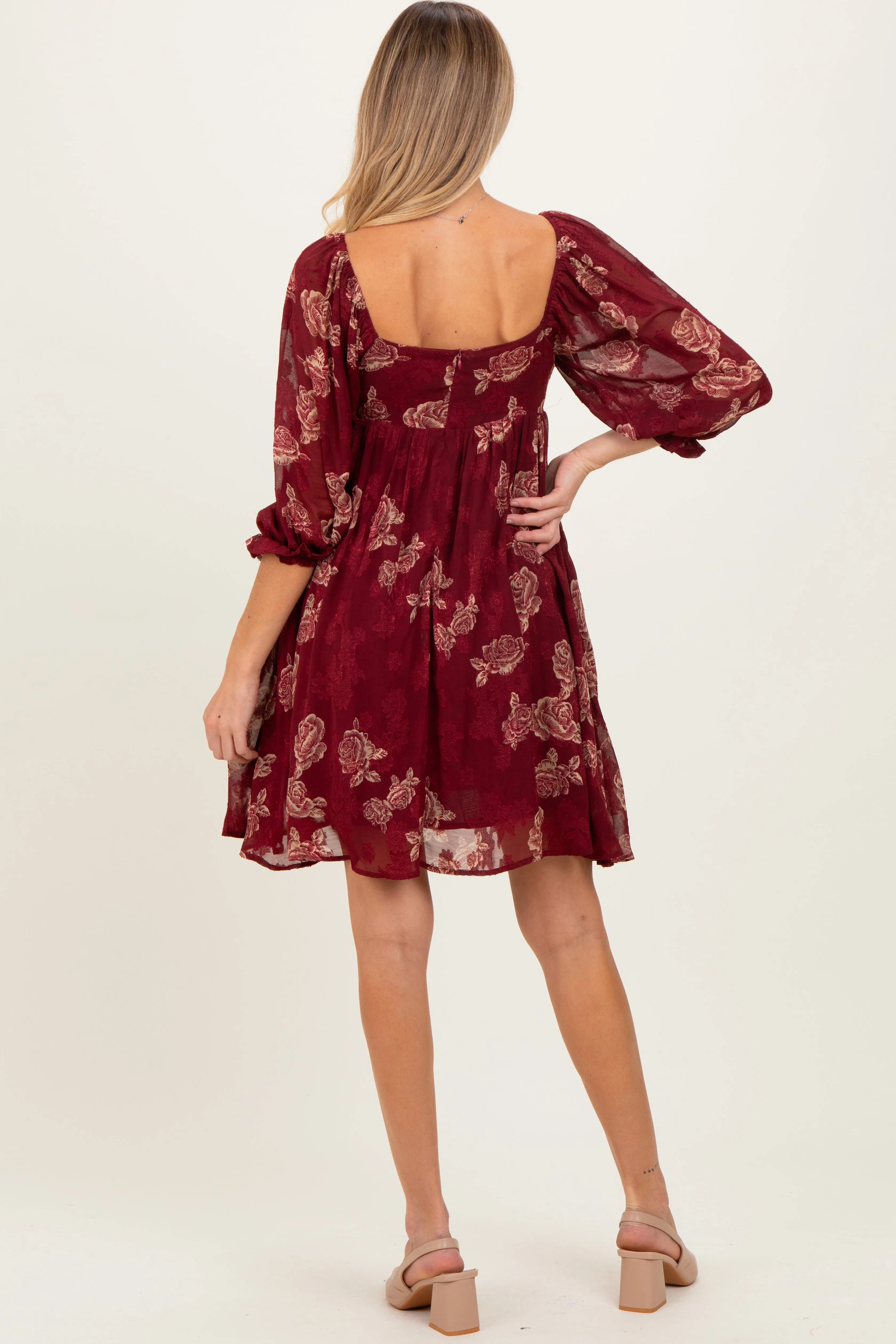 Burgundy Floral Jacquard 3/4 Sleeve Maternity Dress sold by Pinkblush product image thumbnail 4