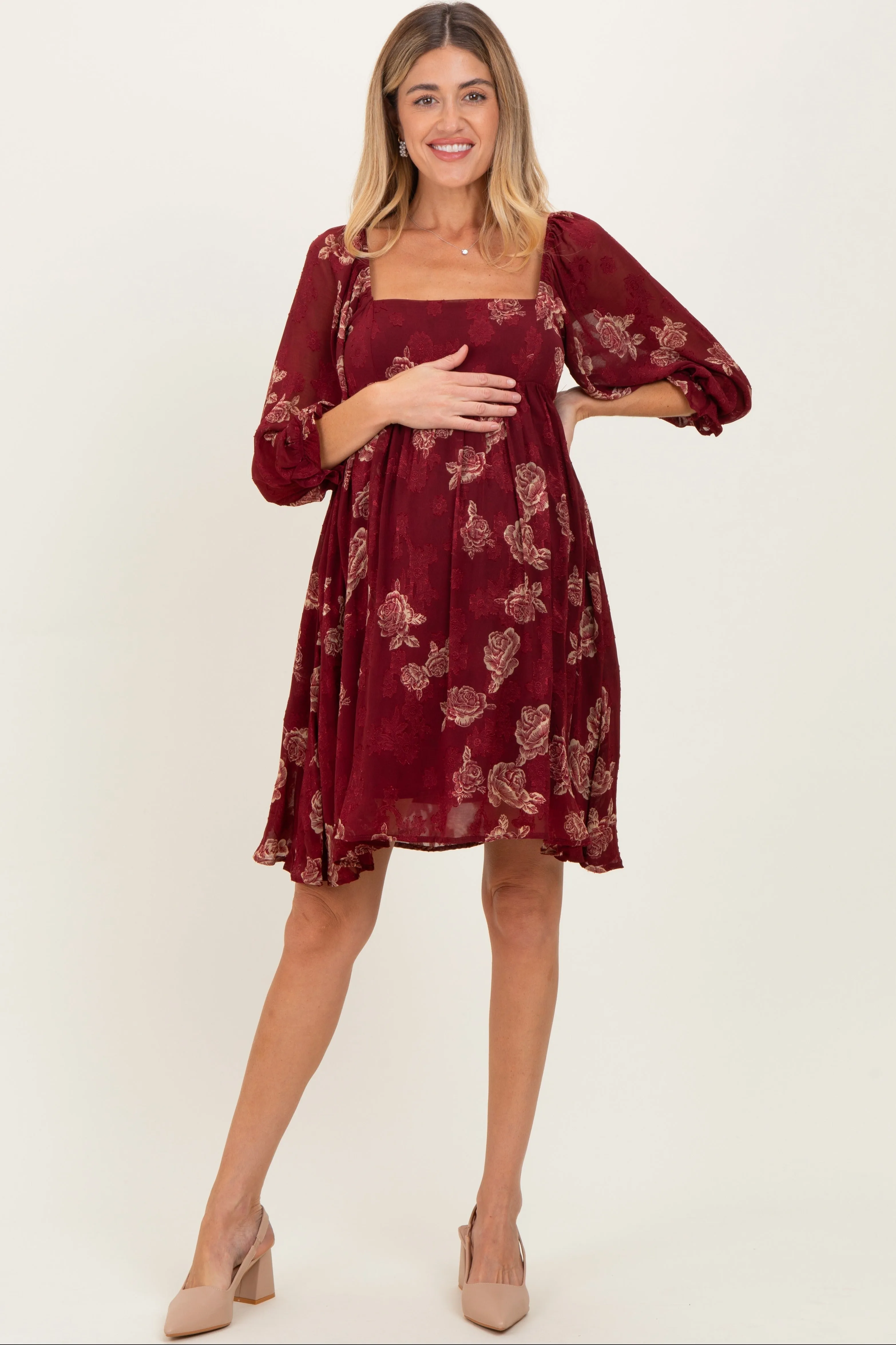 Burgundy Floral Jacquard 3/4 Sleeve Maternity Dress sold by Pinkblush