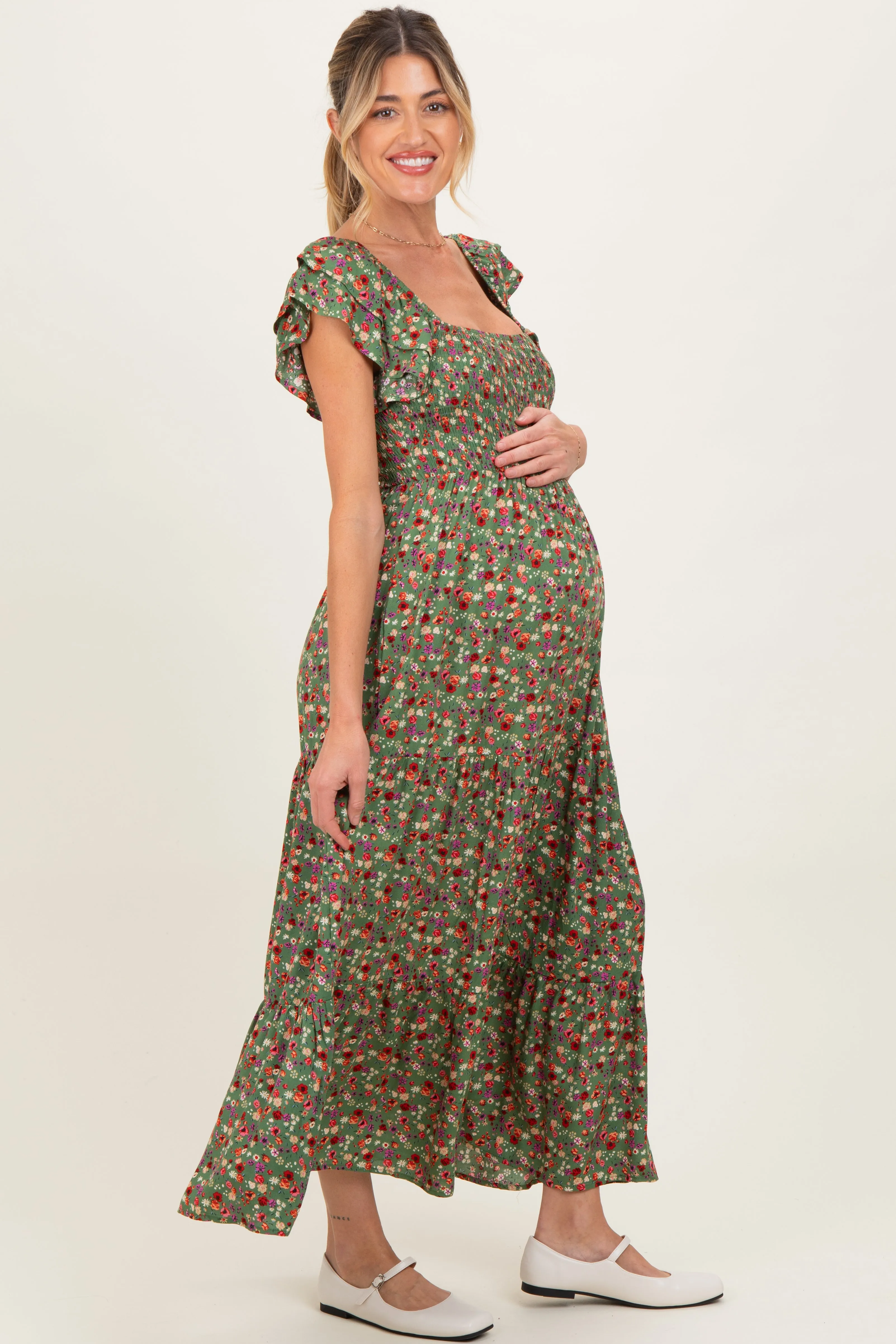Olive Floral Off Shoulder Smocked Maternity Maxi Dress sold by Pinkblush product image thumbnail 3