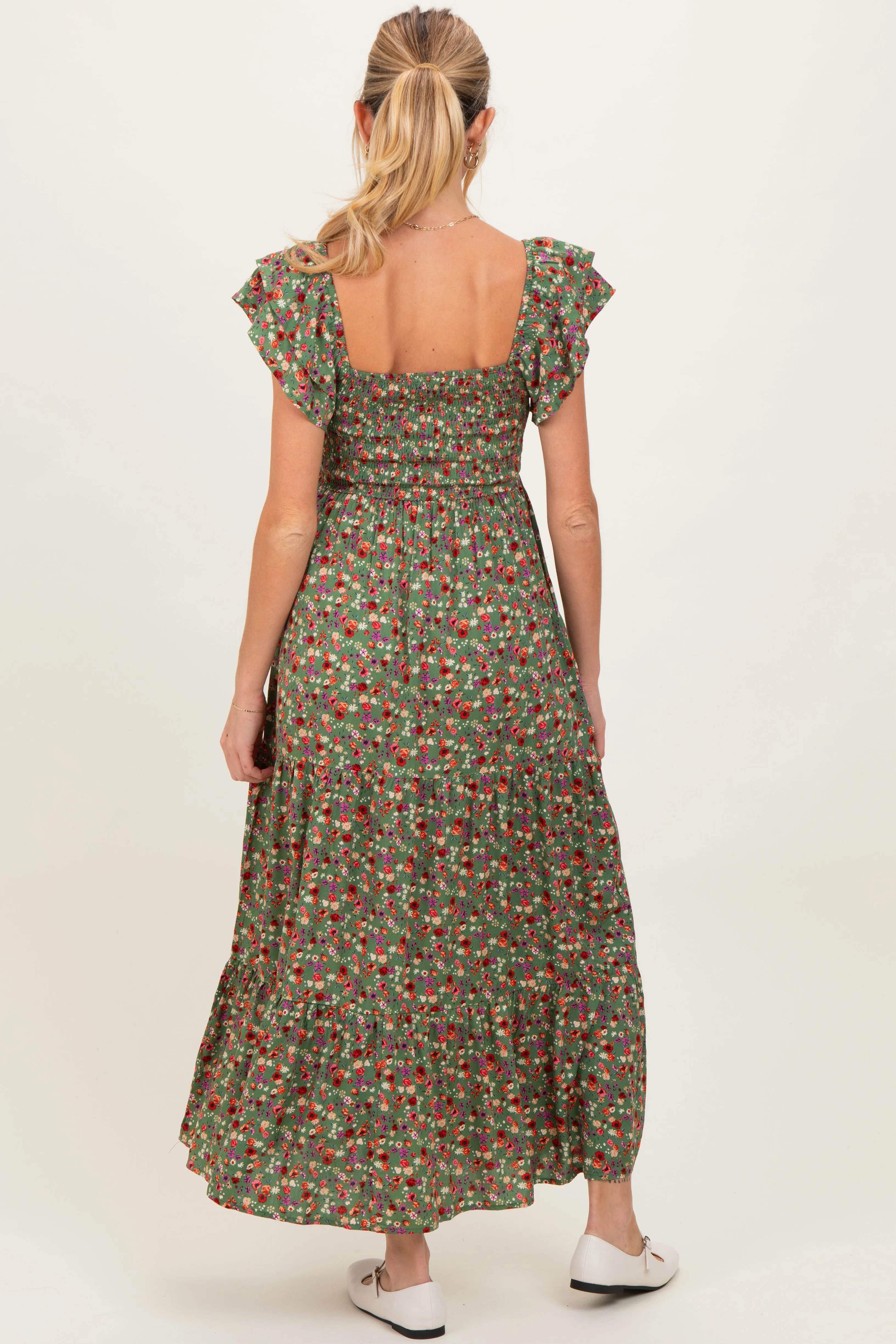 Olive Floral Off Shoulder Smocked Maternity Maxi Dress sold by Pinkblush product image thumbnail 4
