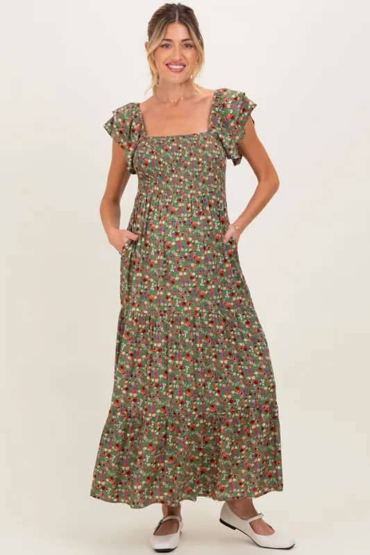Olive Floral Off Shoulder Smocked Maternity Maxi Dress sold by Pinkblush