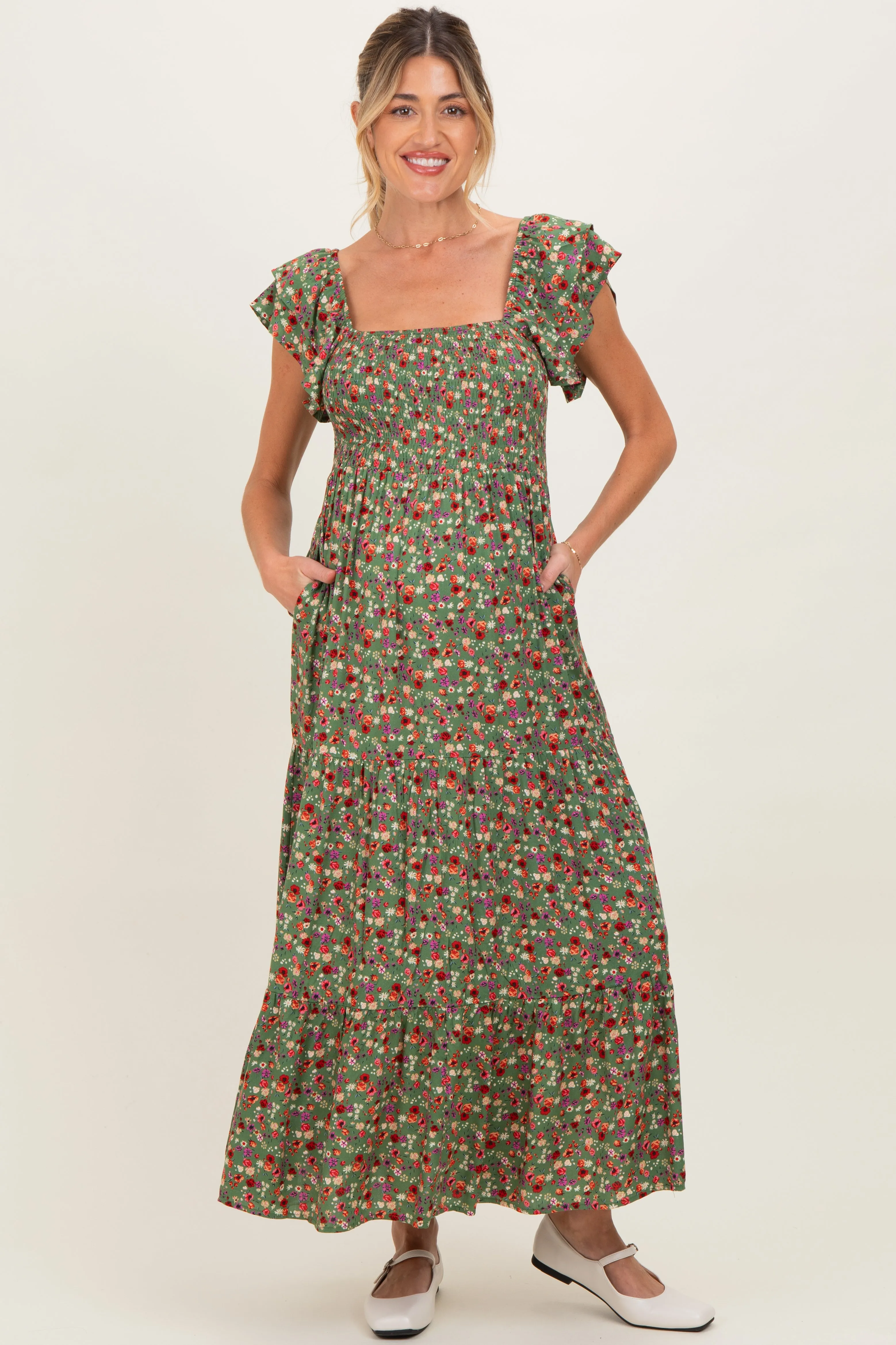 Olive Floral Off Shoulder Smocked Maternity Maxi Dress sold by Pinkblush
