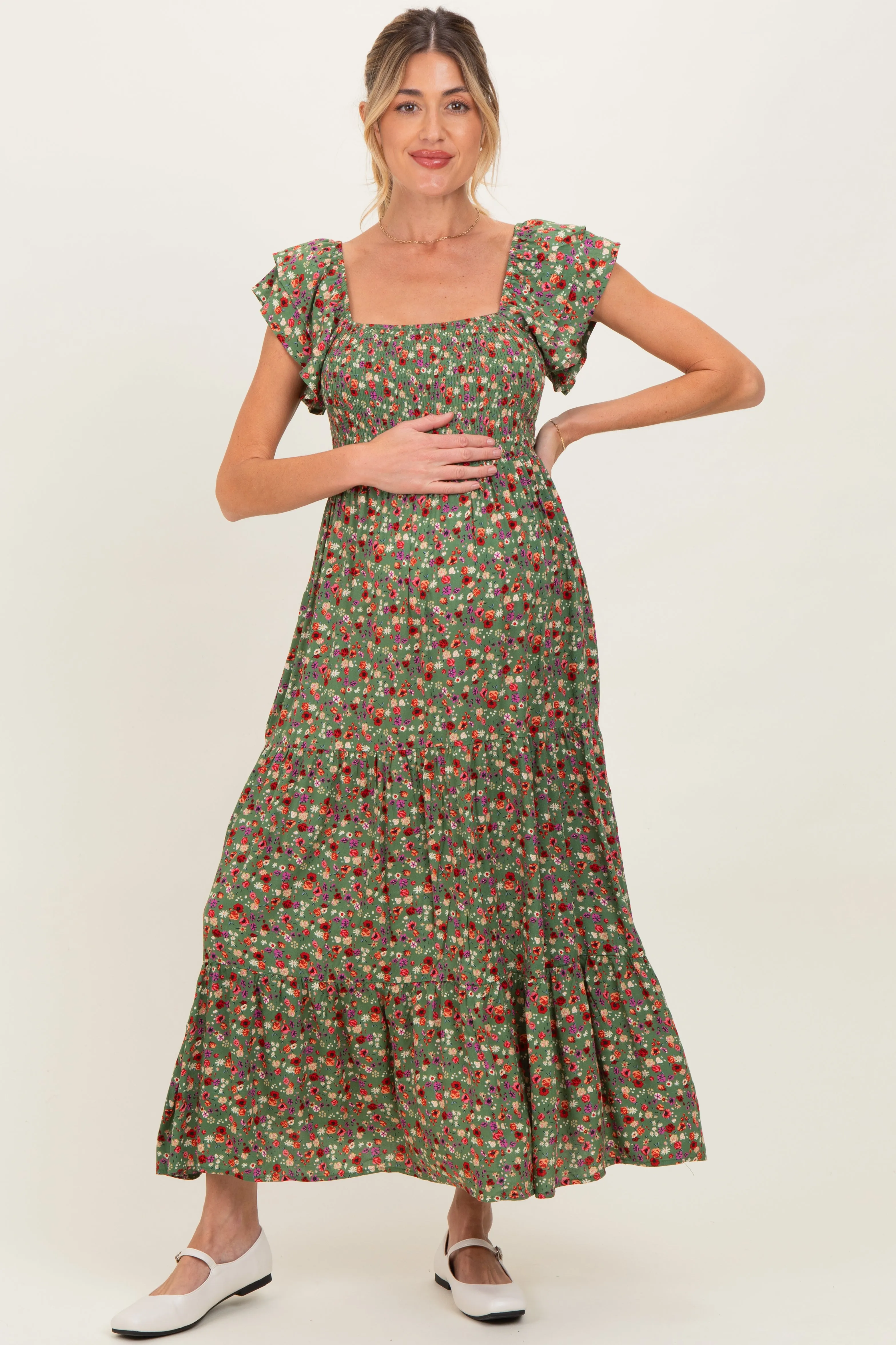 Olive Floral Off Shoulder Smocked Maternity Maxi Dress sold by Pinkblush product image thumbnail 2